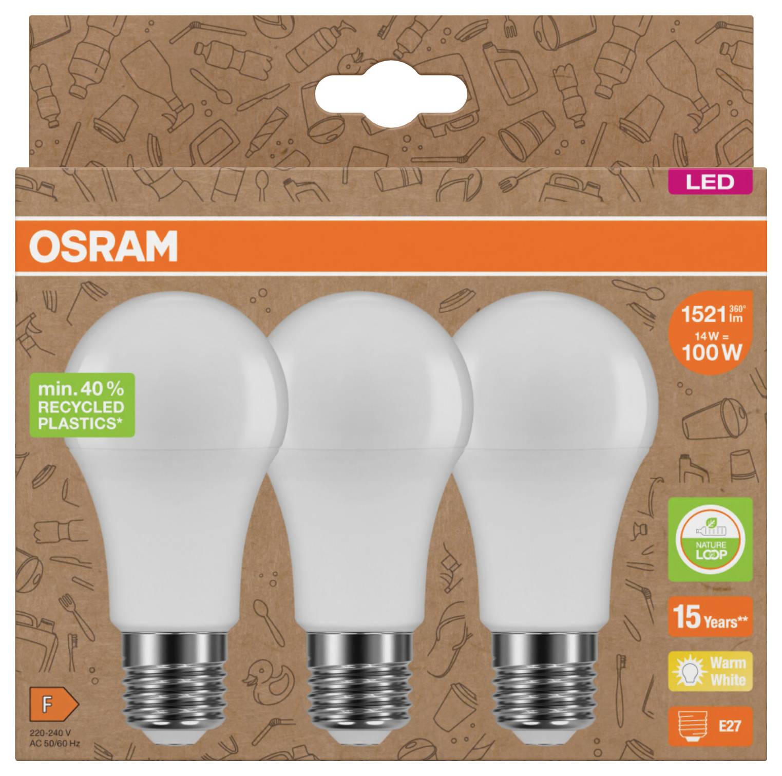 OSRAM LED-Glühbirnenpackung mit drei E27-Glühbirnen, 14W 100W-Äquivalent, warmweiß, 1521 lm, 15 Jahre, hergestellt aus 40% recycelten Kunststoffen.