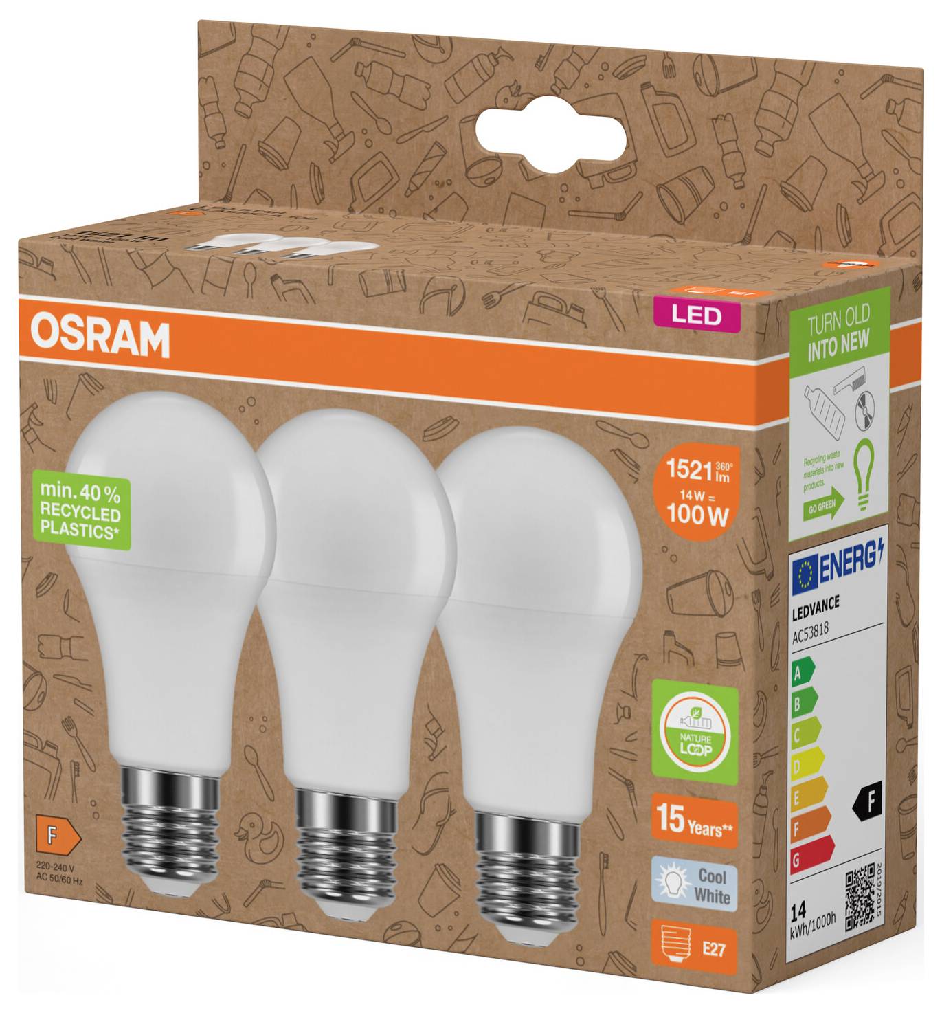 OSRAM LED-Glühbirnen-Packung mit drei Birnen, gekennzeichnet mit 14W entspricht 100W, 1521 lm, E27, Kaltweiß und 15 Jahre Lebensdauer.