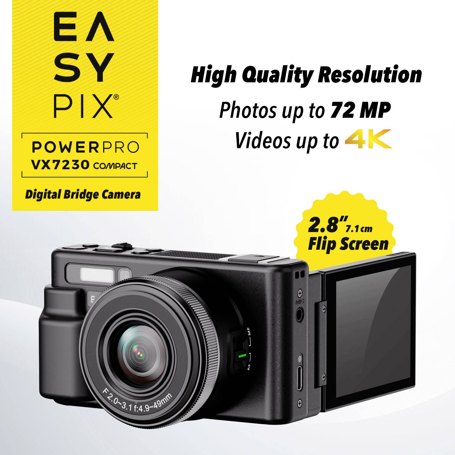 Easypix PowerPro VX7230 Compact Digitalkamera 72 Megapixel Opt. Zoom: 10 x 4K-Video, Bildstabilisierung, Blitzschuh, Klappbares Display, mit eingeba