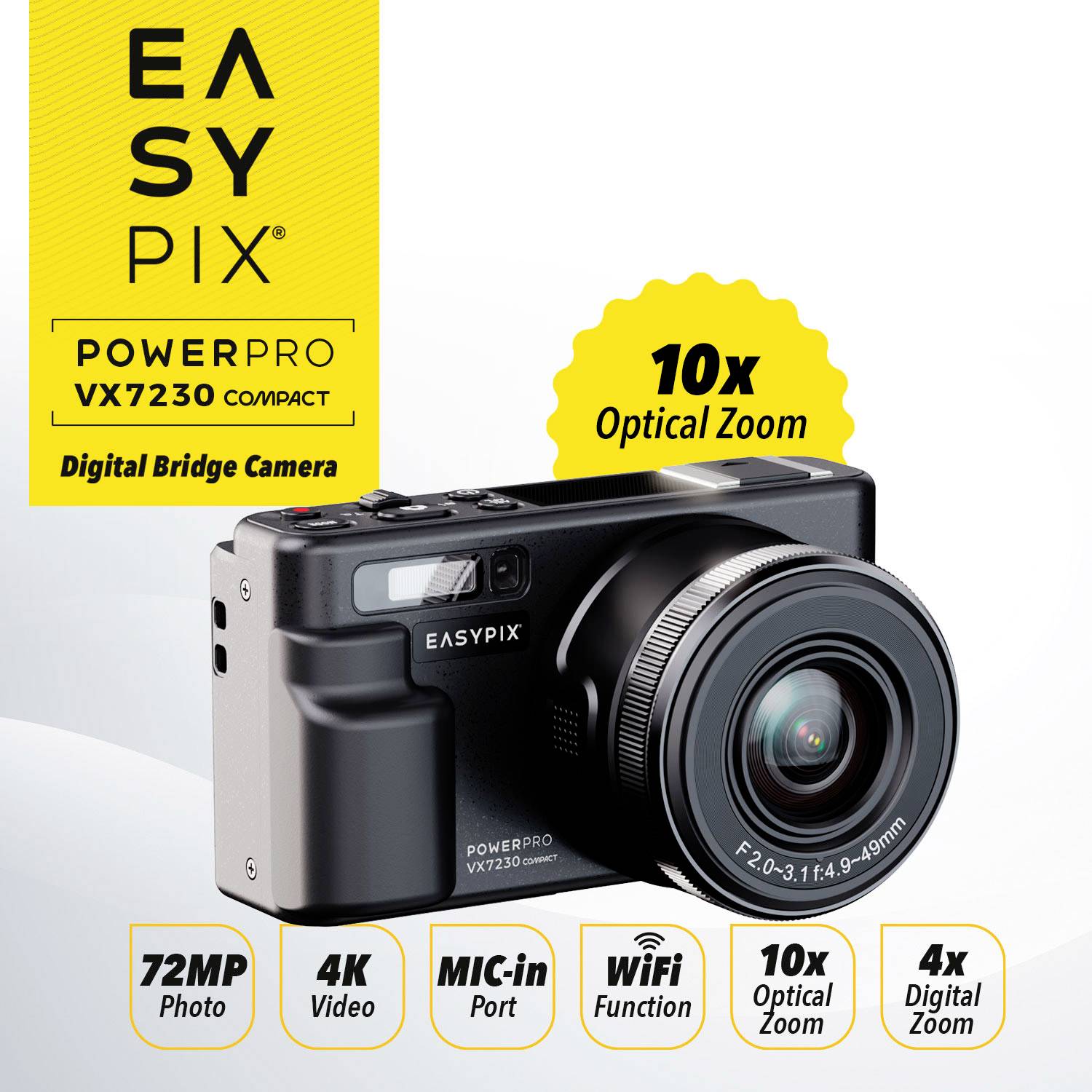 Easypix PowerPro VX7230 Compact Digitalkamera 72 Megapixel Opt. Zoom: 10 x 4K-Video, Bildstabilisierung, Blitzschuh, Klappbares Display, mit eingeba