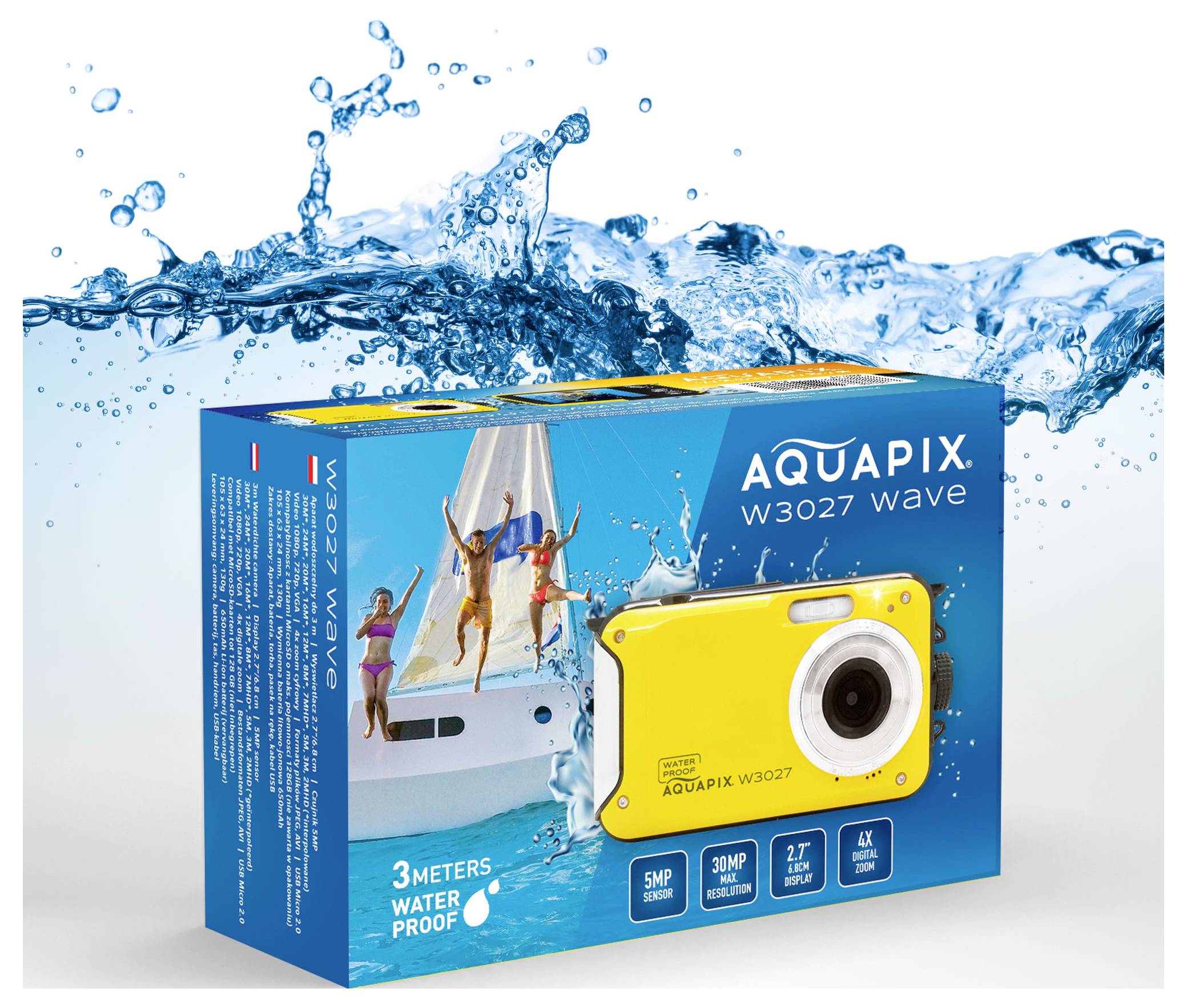 Easypix W3027-Y Wave Yellow Digitalkamera 30 Megapixel Gelb inkl. Akku, inkl. Tasche Bildstabilisierung, Full HD Video, mit