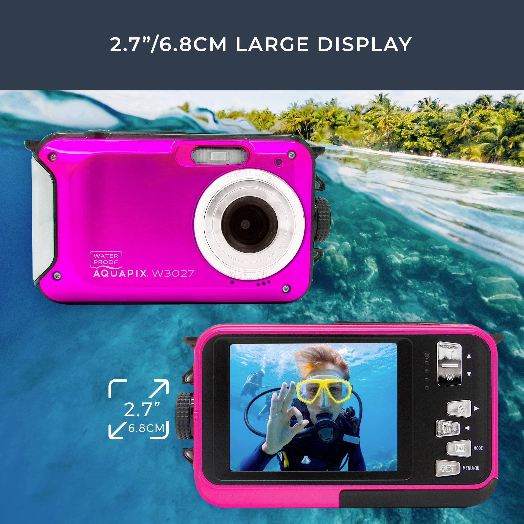 Easypix W3027-P Wave PINK Digitalkamera 30 Megapixel Rosa inkl. Tasche, inkl. Akku Bildstabilisierung, Wasserdicht bis 3 m, Full