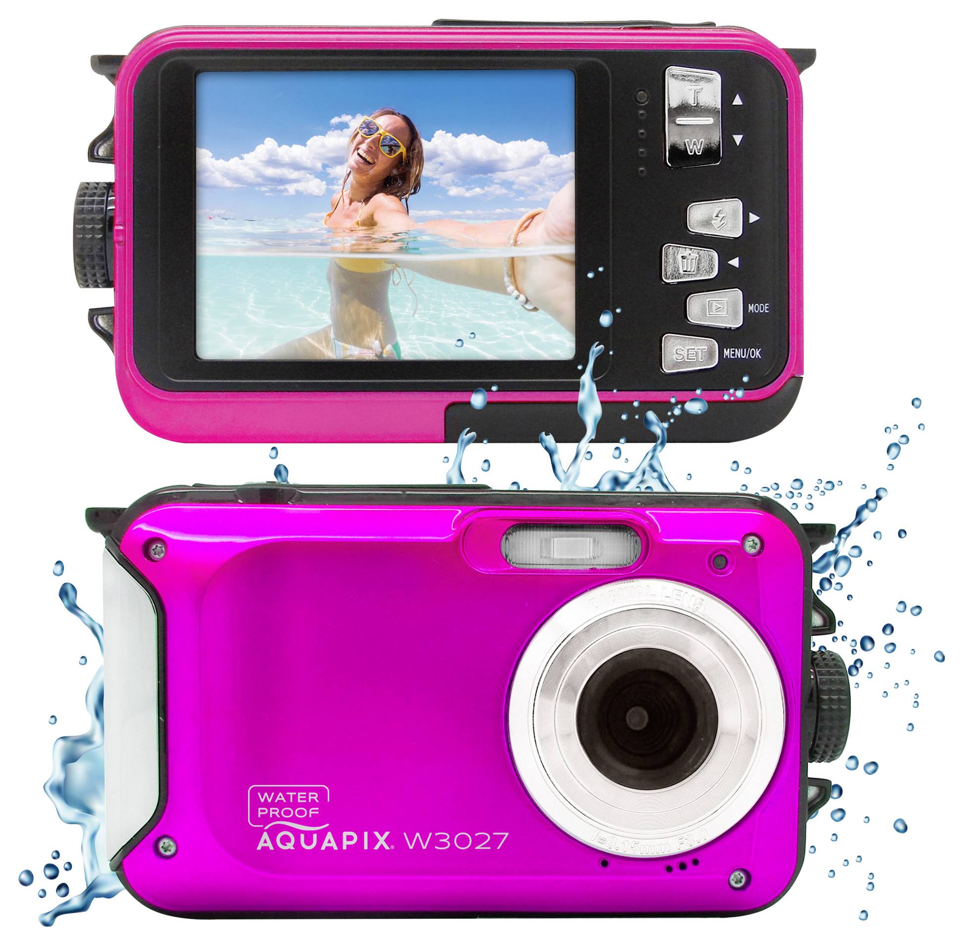 Easypix W3027-P Wave PINK Digitalkamera 30 Megapixel Rosa inkl. Tasche, inkl. Akku Bildstabilisierung, Wasserdicht bis 3 m, Full