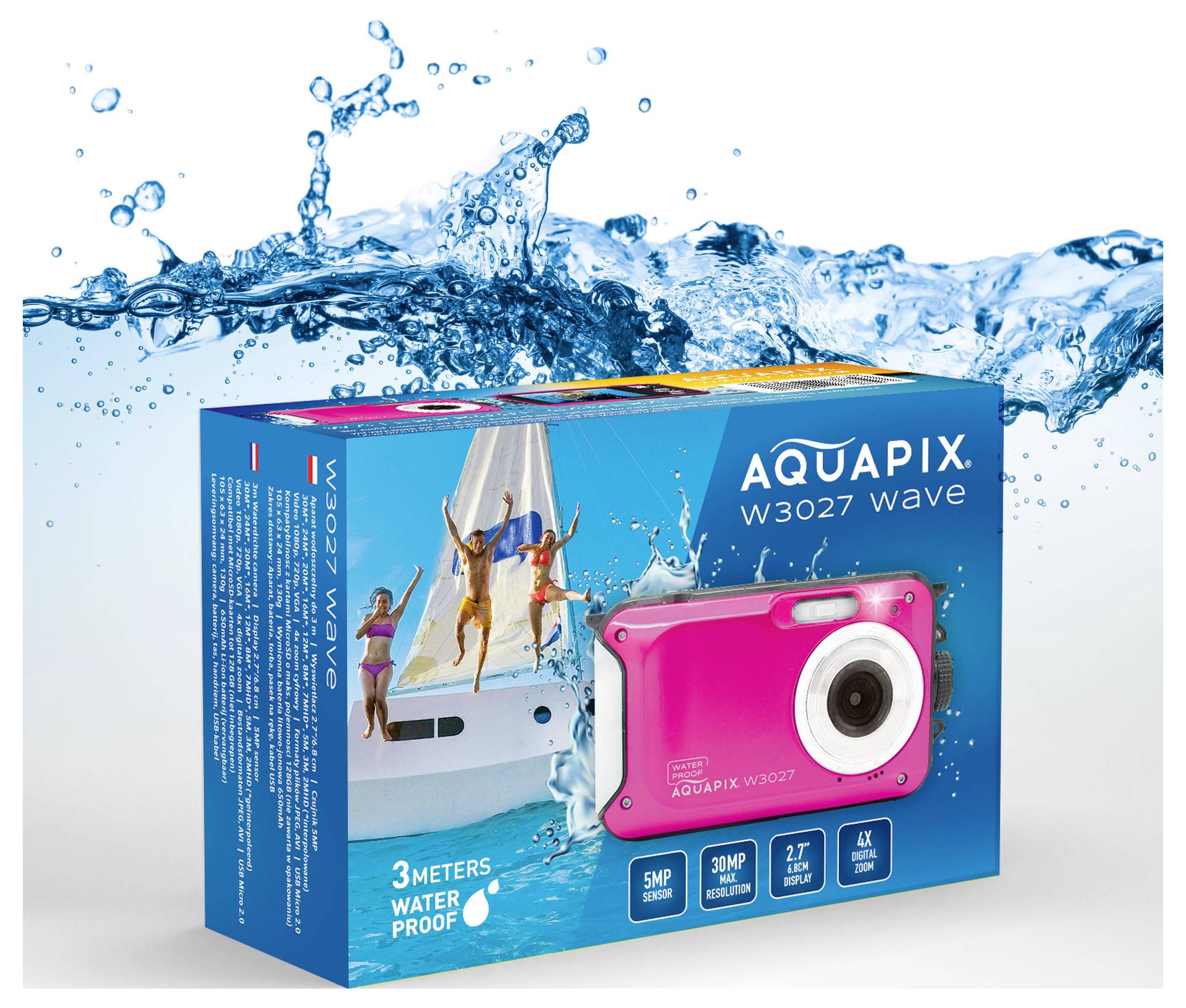 Easypix W3027-P Wave PINK Digitalkamera 30 Megapixel Rosa inkl. Tasche, inkl. Akku Bildstabilisierung, Wasserdicht bis 3 m, Full