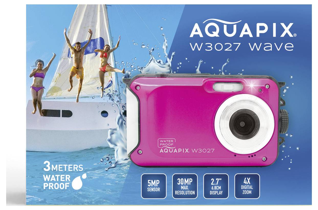 Easypix W3027-P Wave PINK Digitalkamera 30 Megapixel Rosa inkl. Tasche, inkl. Akku Bildstabilisierung, Wasserdicht bis 3 m, Full