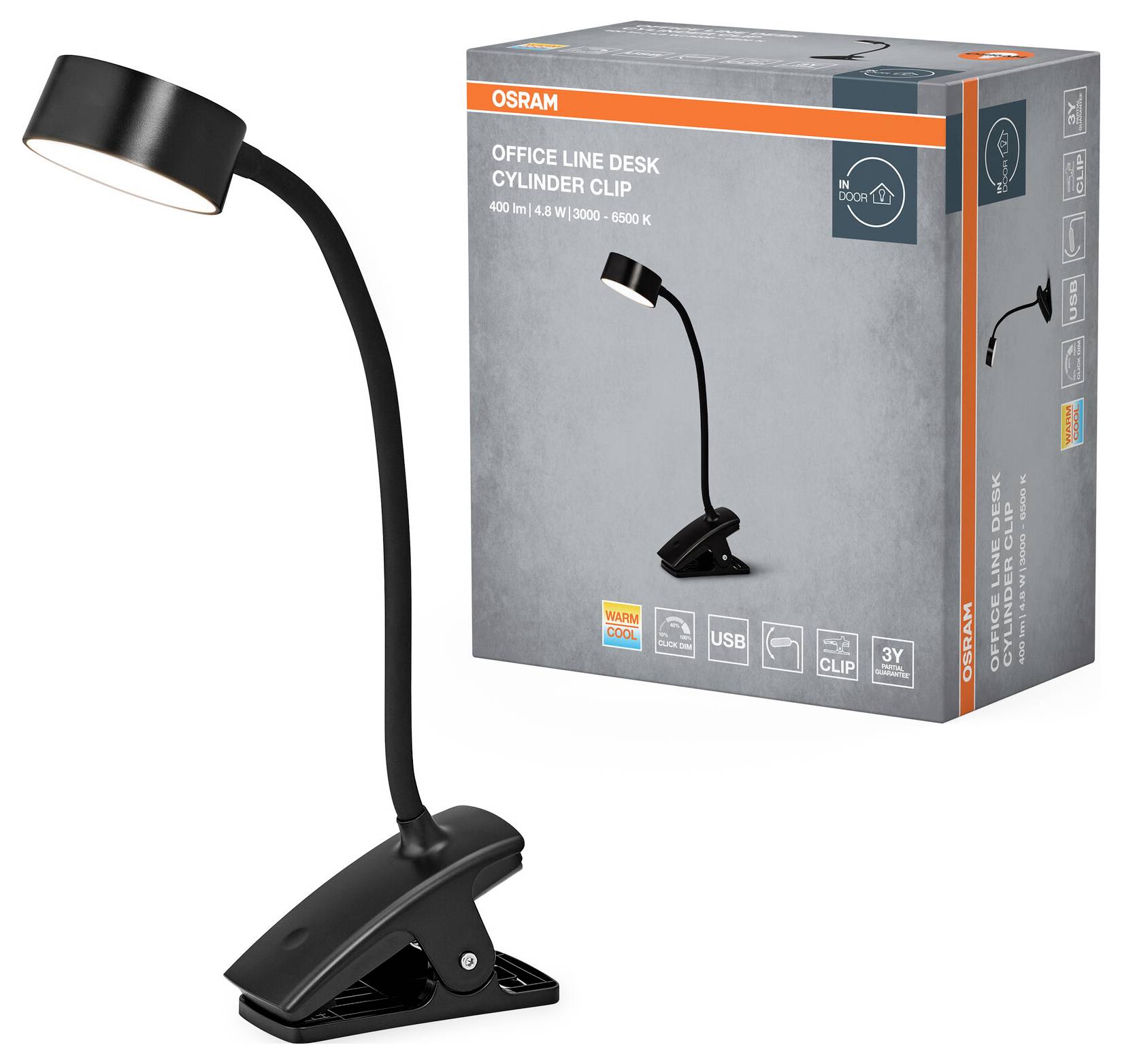 OSRAM HOMELIGHTING Office Line Desk Cylinder Clip 4.8W TW Dimmable Black 4099854464294 Schreibtischleuchte 4.8W Schwarz