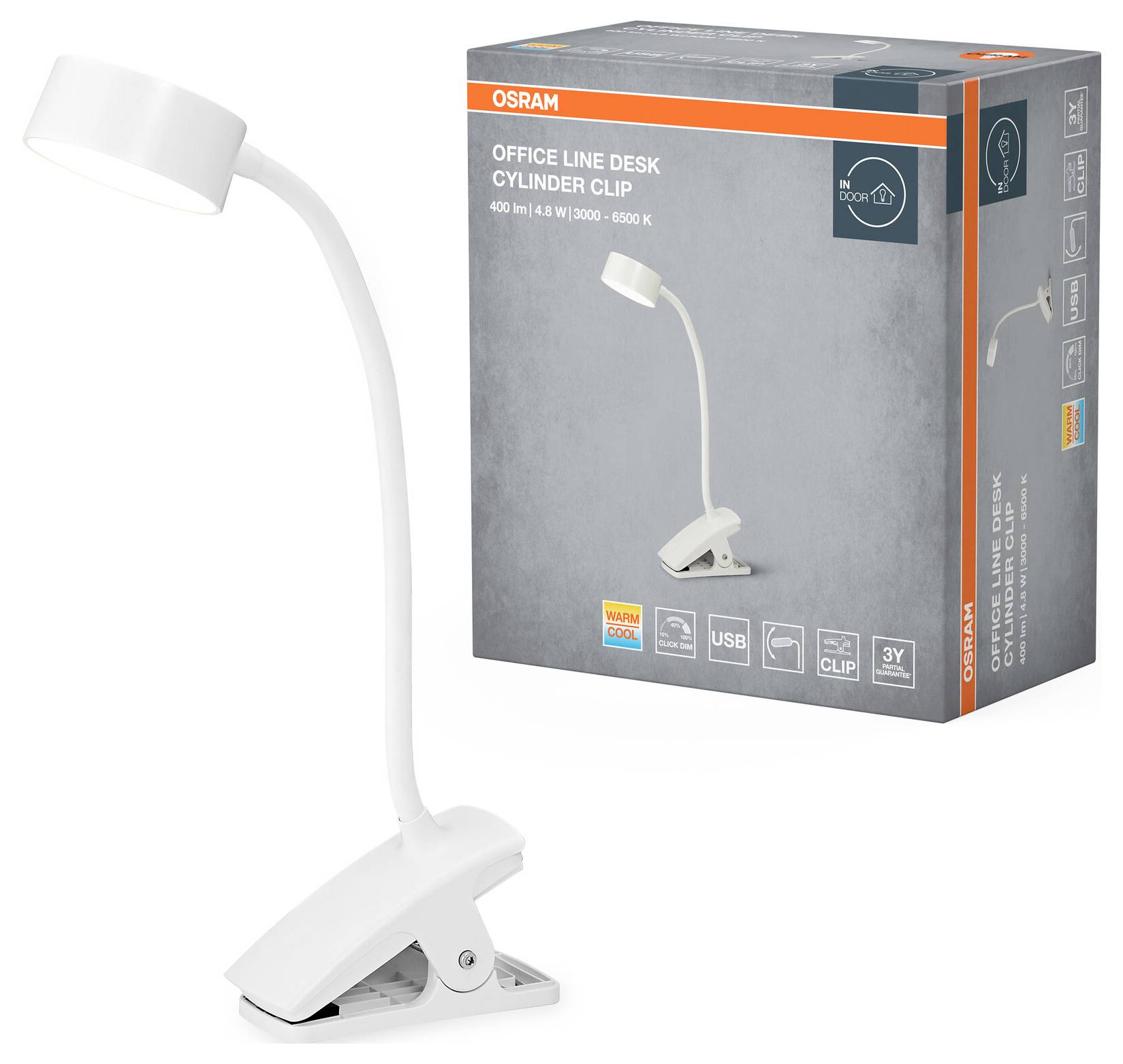 OSRAM HOMELIGHTING Office Line Desk Cylinder Clip 4.8W TW Dimmable White 4099854464317 Schreibtischleuchte 4.8W Weiß