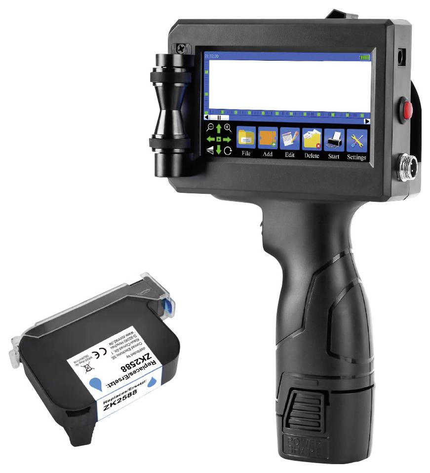 Tragbarer Tintenstrahldrucker mit Display zur Steuerung und Anzeige von Daten, neben einer Tintenpatrone.