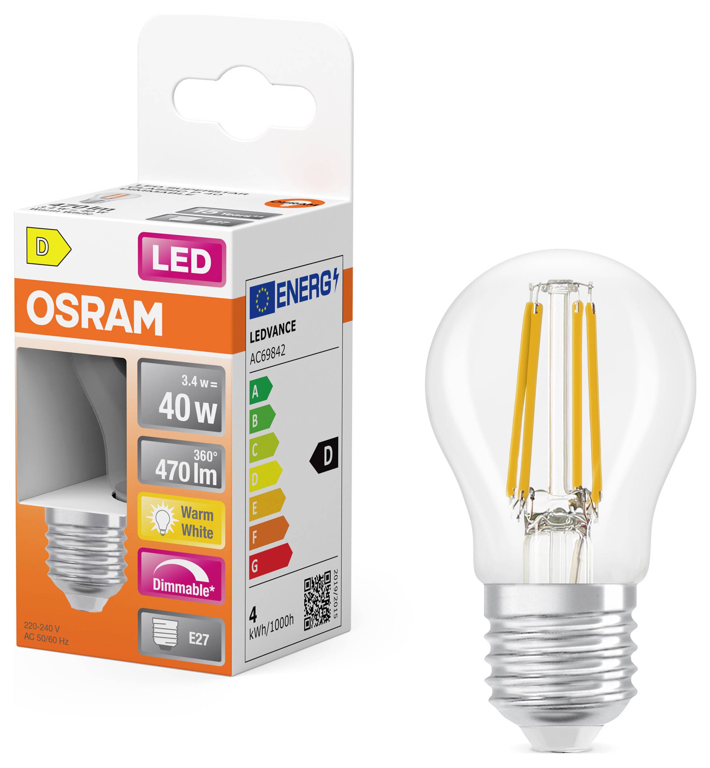 OSRAM HOMELIGHTING 4099854443947 LED EEK D (A - G) E27 3.4W Warmweiß (Ø x H) 45.00mm x 45.00mm 1St.