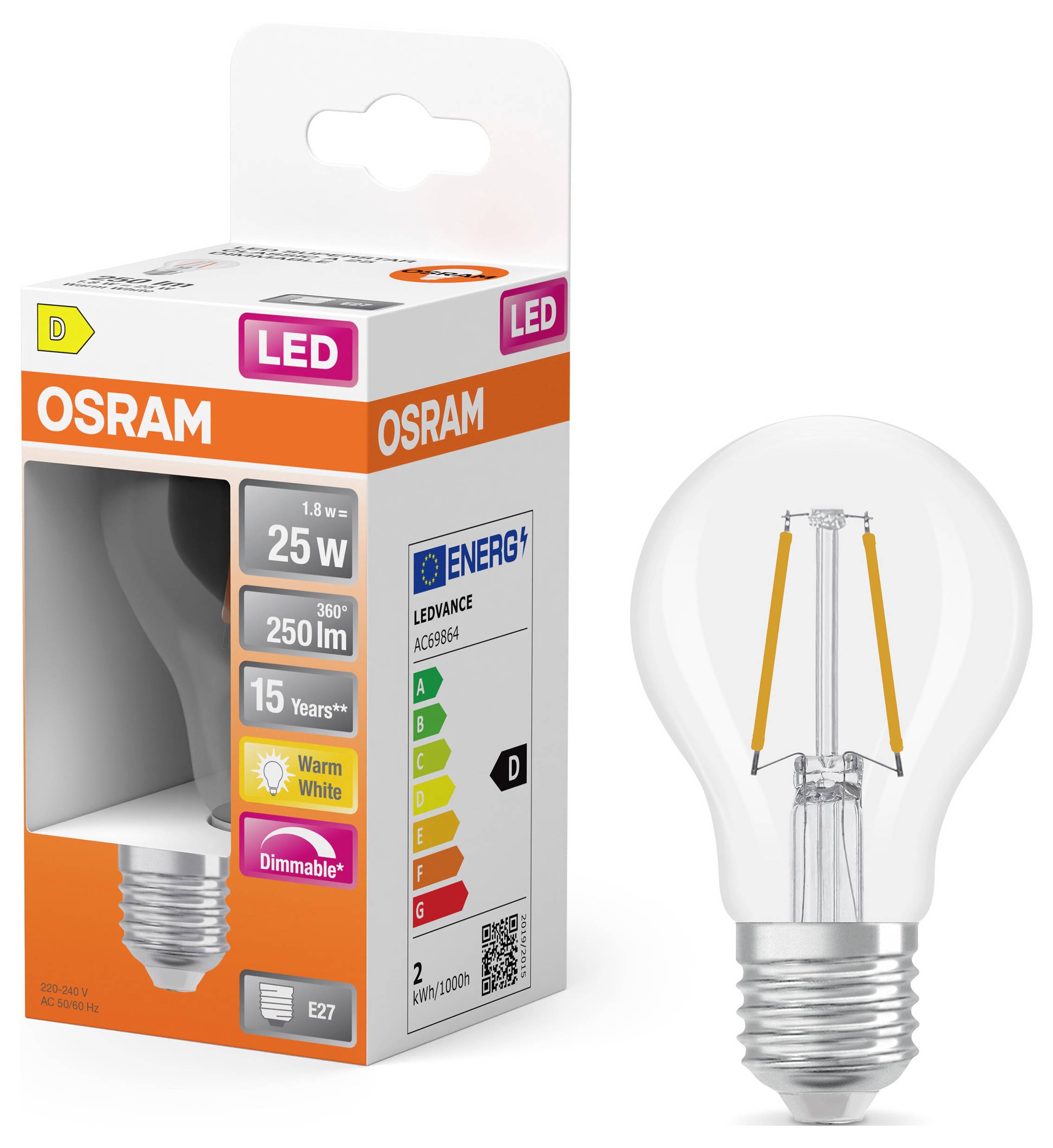 OSRAM HOMELIGHTING 4099854443749 LED EEK D (A - G) E27 1.8W Warmweiß (Ø x H) 60.00mm x 60.00mm 1St.
