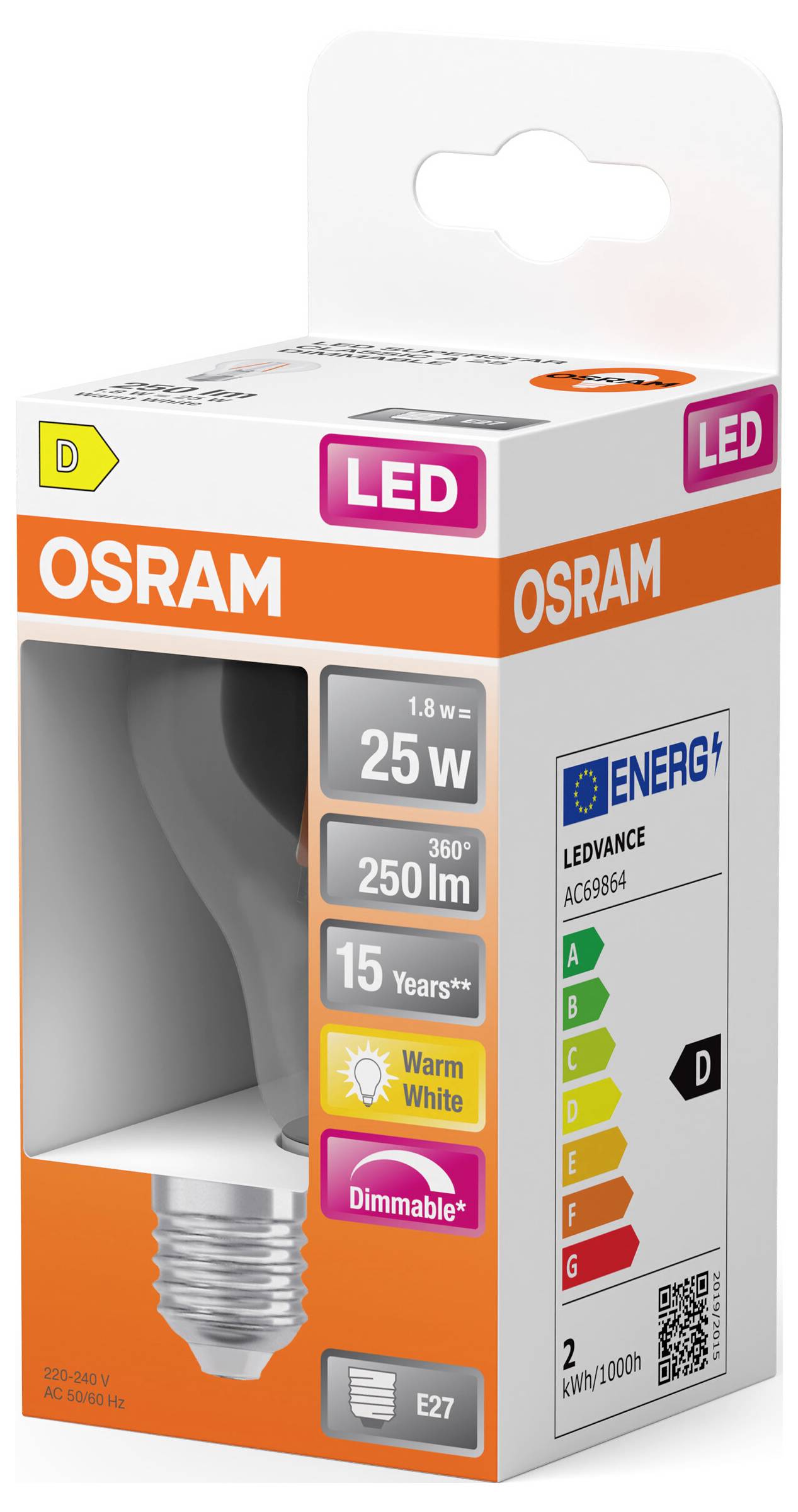 OSRAM HOMELIGHTING 4099854443749 LED EEK D (A - G) E27 1.8W Warmweiß (Ø x H) 60.00mm x 60.00mm 1St.