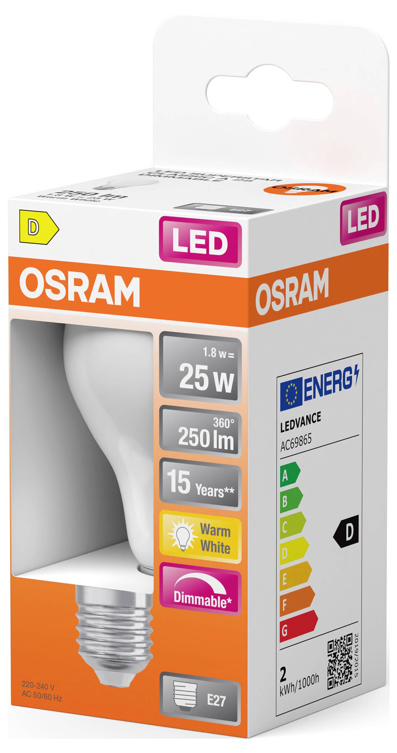 OSRAM HOMELIGHTING 4099854443787 LED EEK D (A - G) E27 1.8W Warmweiß (Ø x H) 60.00mm x 60.00mm 1St.