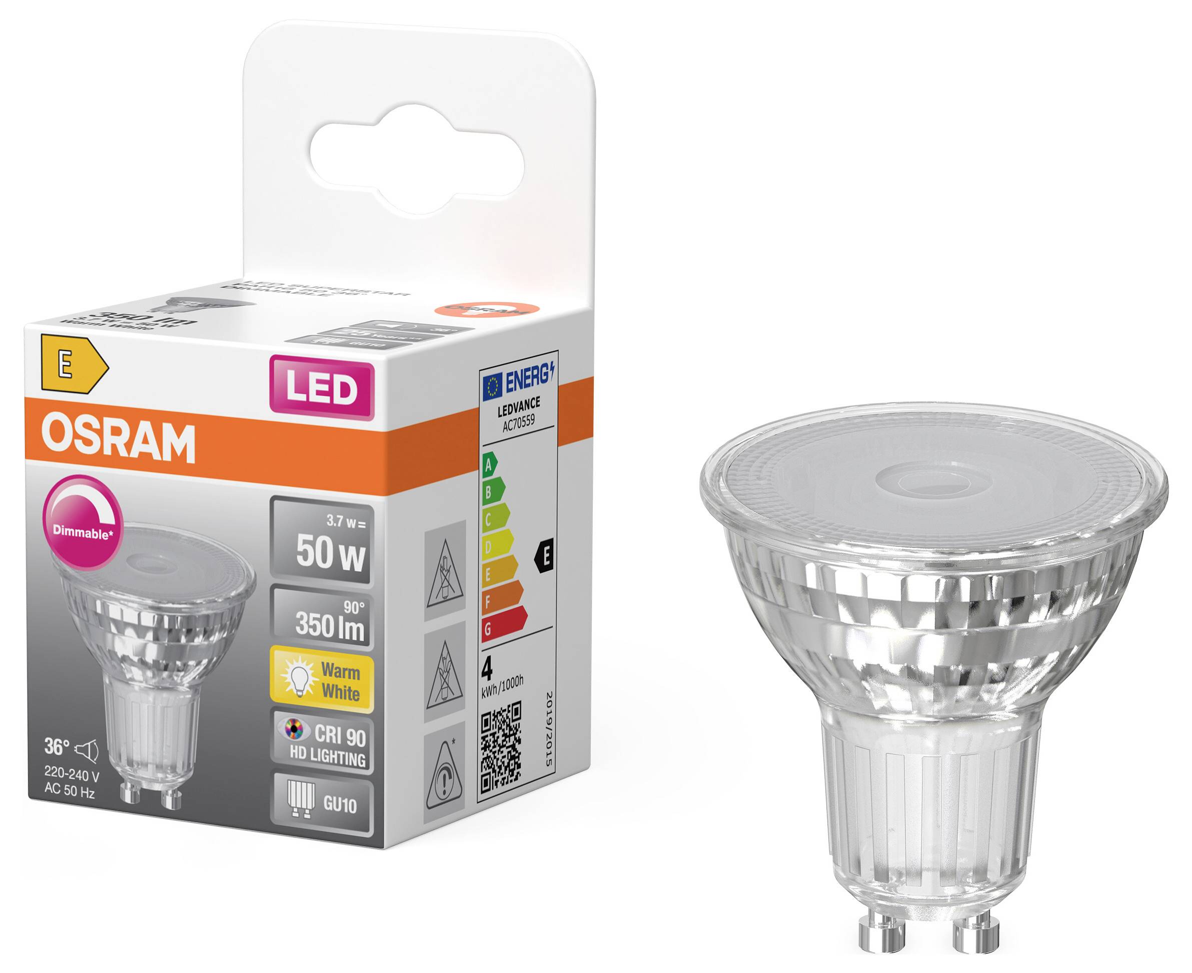 OSRAM HOMELIGHTING 4099854457487 LED-Reflektorlampe EEK E (A - G) GU10 3.7W Warmweiß (Ø x H) 50.00mm x 50.00mm 1St.