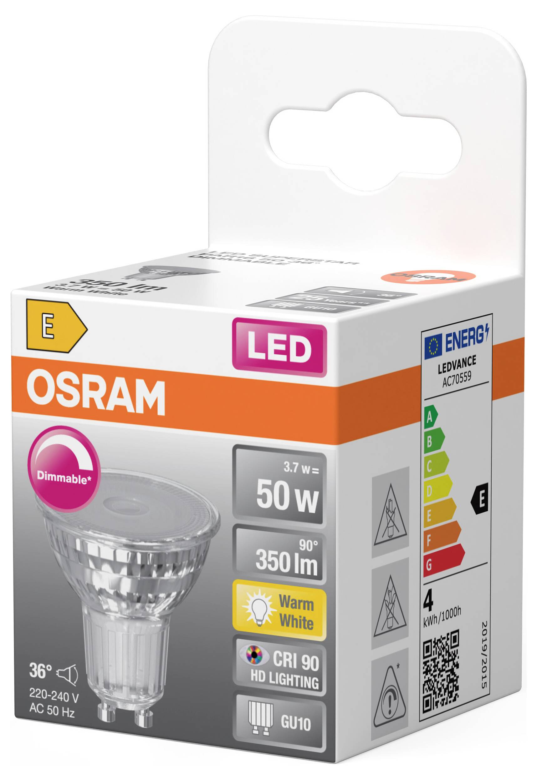 OSRAM HOMELIGHTING 4099854457487 LED-Reflektorlampe EEK E (A - G) GU10 3.7W Warmweiß (Ø x H) 50.00mm x 50.00mm 1St.