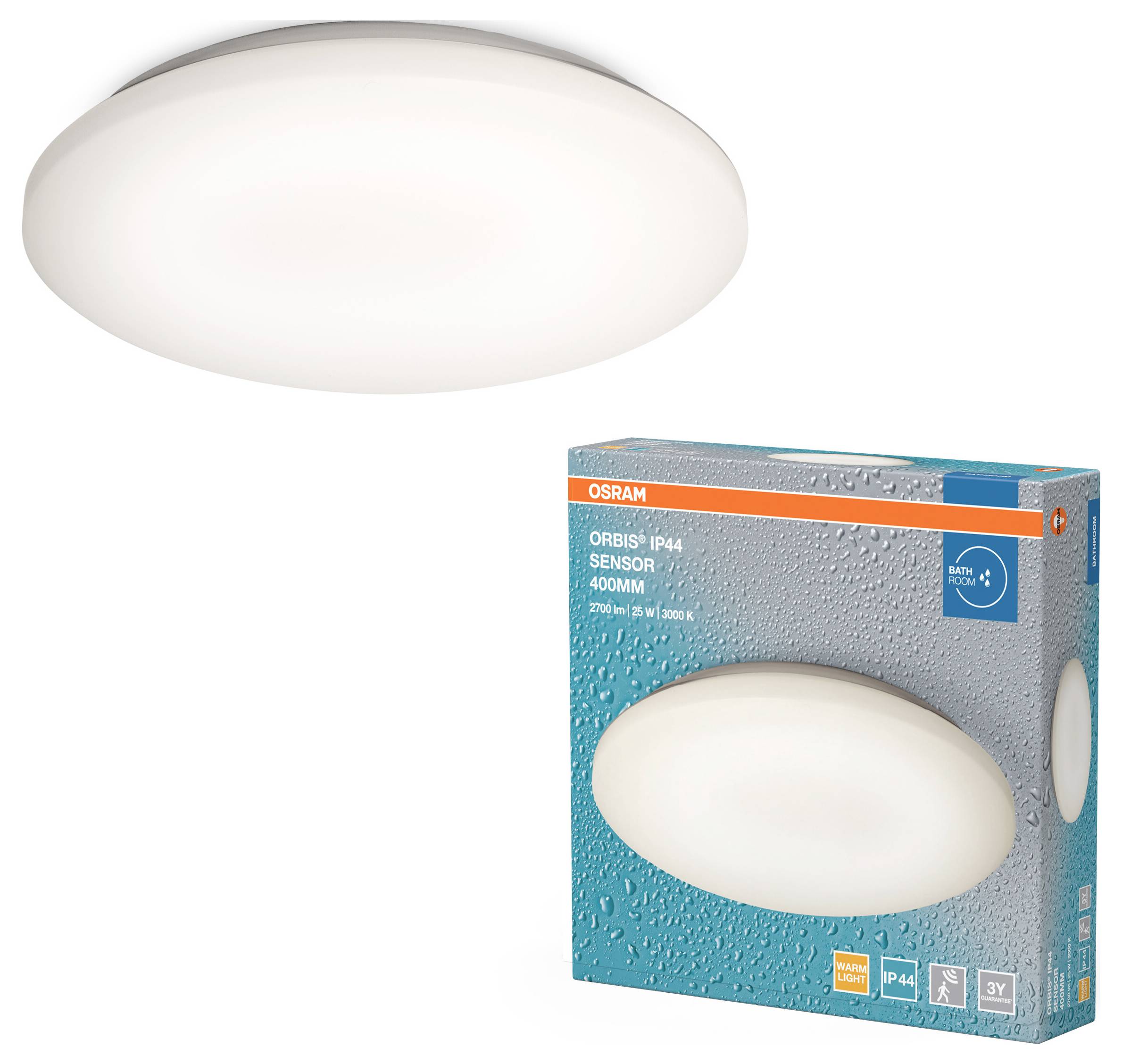 OSRAM LED-Deckenleuchte mit Sensor, 25 W, 1800 lm, 3000 K, IP44, Ø 0,4 m