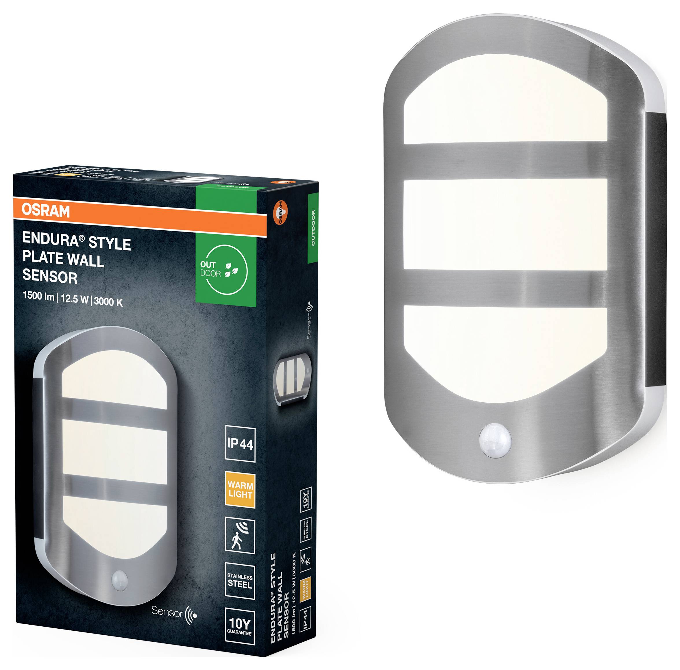 OSRAM HOMELIGHTING ENDURA Style Plate Wall Sensor 12.5W Stainless Steel 4099854461675 LED-Außenwandleuchte
