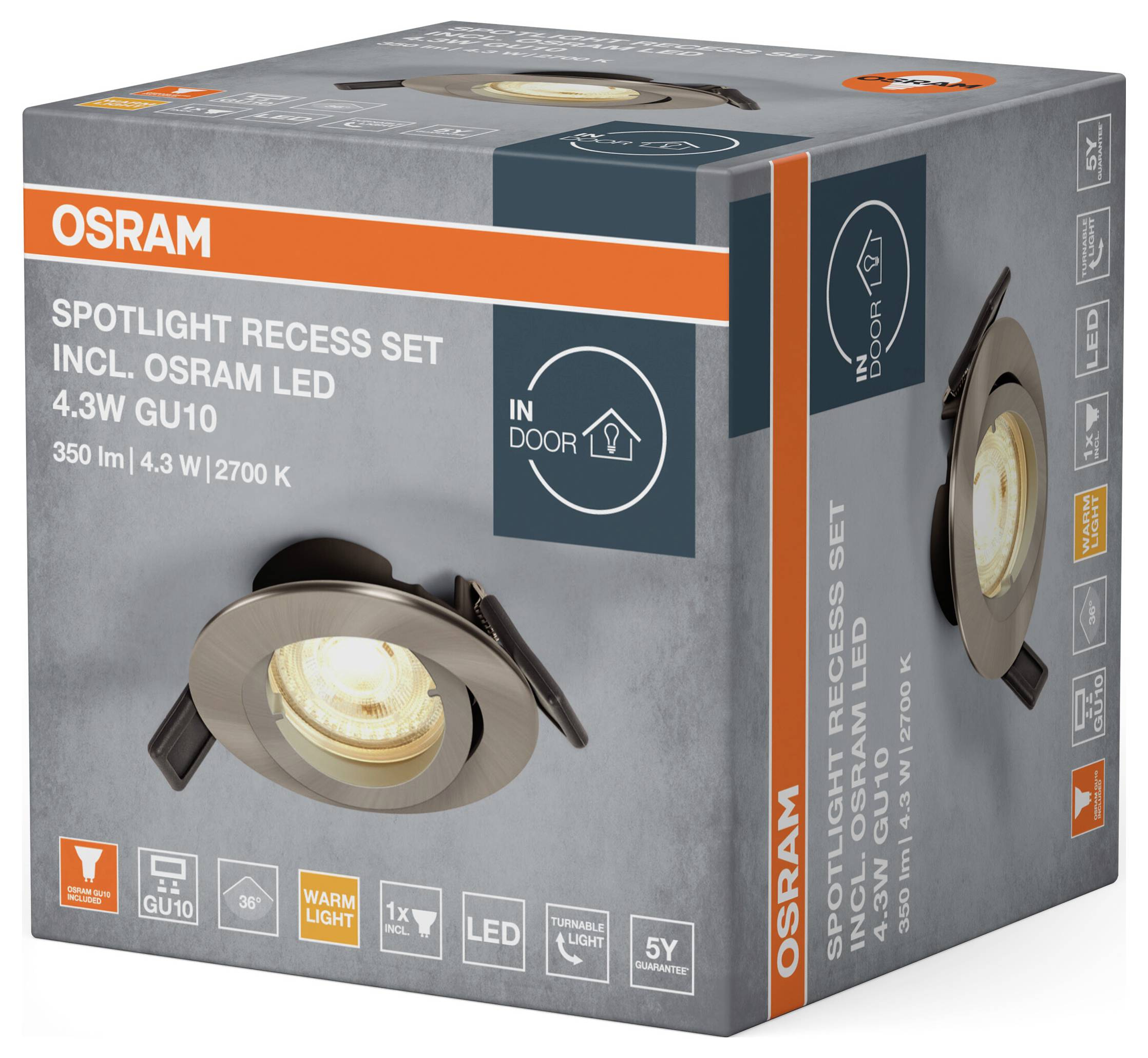 OSRAM HOMELIGHTING 4099854444548 Spotlight Recess Set Incl. Osram LED 4.3W GU10 Brushed Nickel LED-Deckenleuchte GU10 4.30W