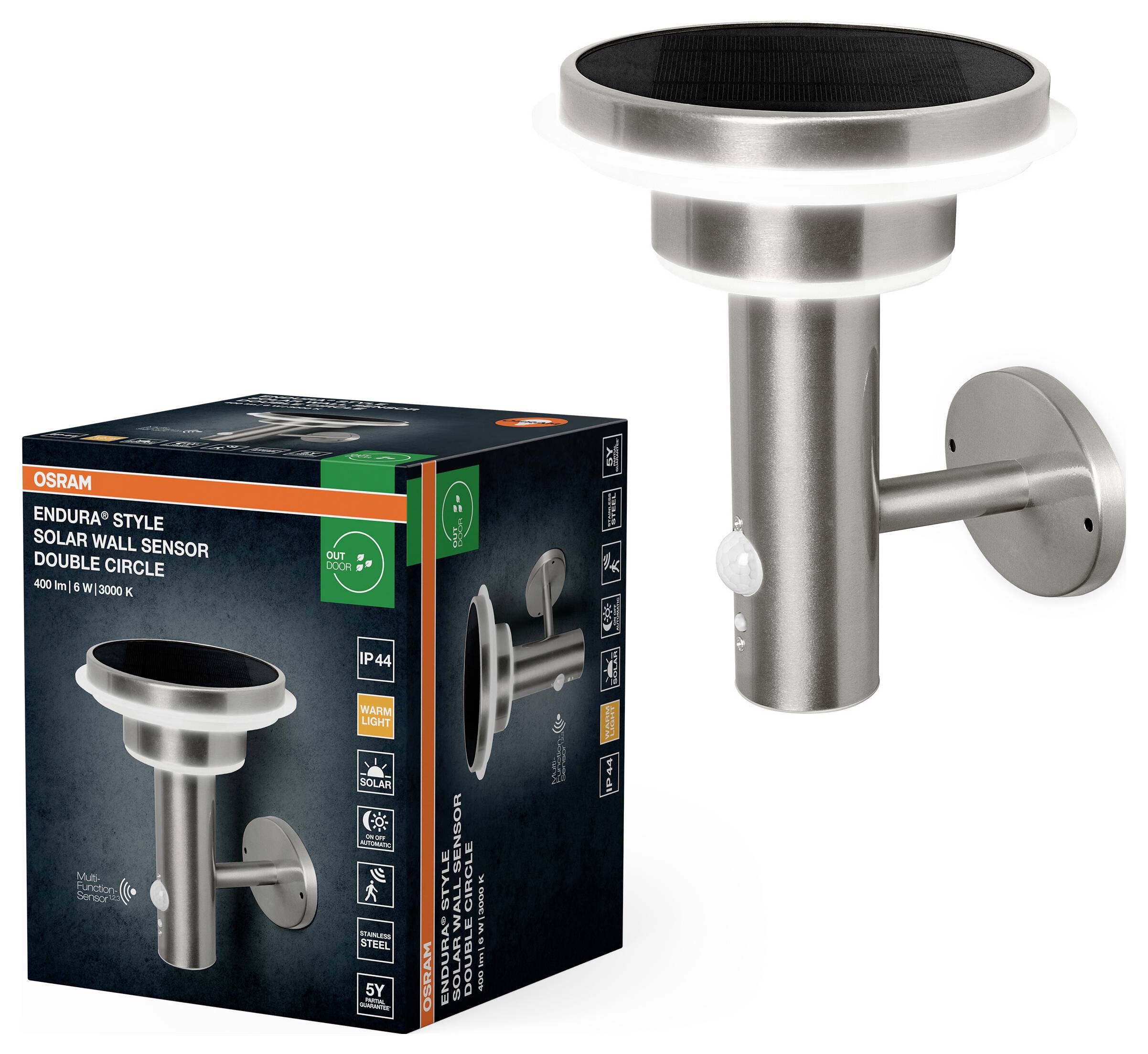OSRAM HOMELIGHTING ENDURA Style Solar Wall Sensor Double Circle 6W Stainless Steel 4099854455384 LED-Außenwandleuchte