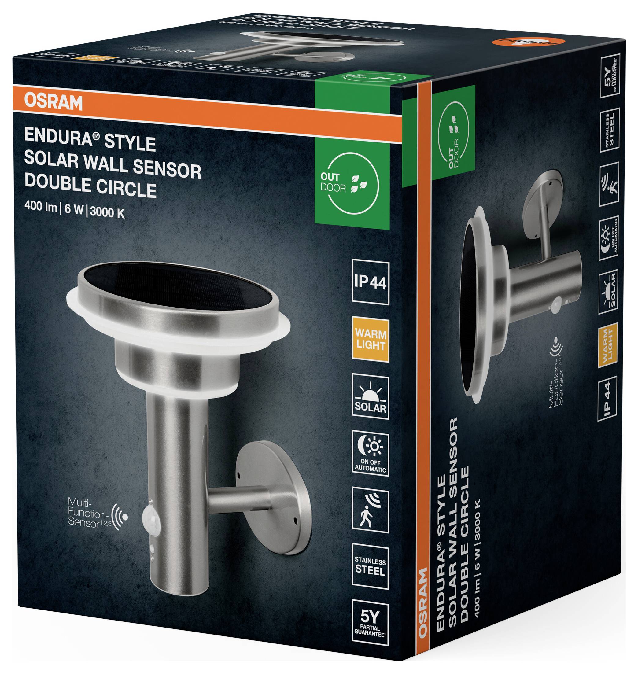 OSRAM HOMELIGHTING ENDURA Style Solar Wall Sensor Double Circle 6W Stainless Steel 4099854455384 LED-Außenwandleuchte
