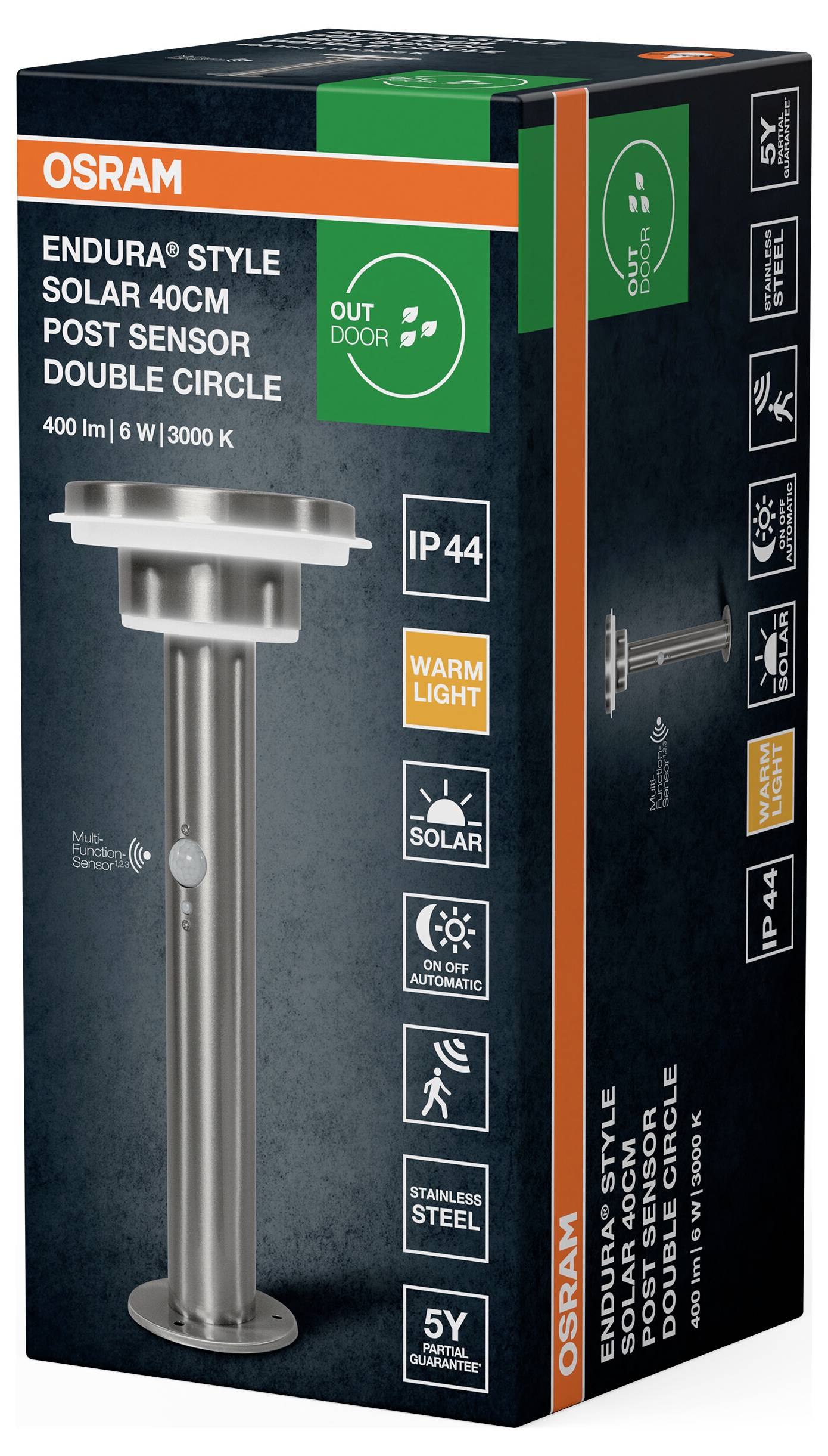 OSRAM HOMELIGHTING ENDURA Style Solar 40cm Post Sensor Double Circle 6W Stainless Steel 40998544554