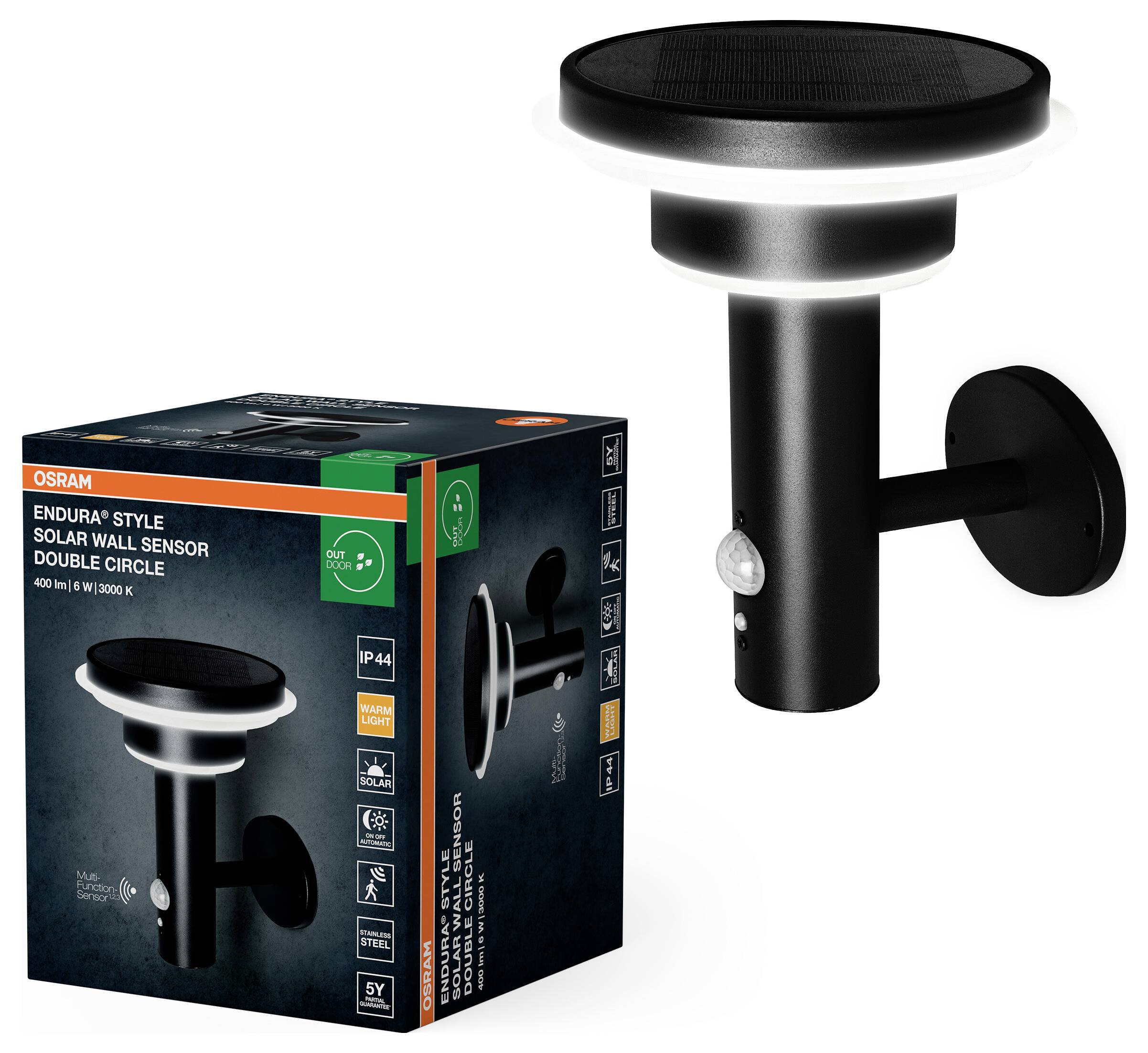 OSRAM HOMELIGHTING ENDURA Style Solar Wall Sensor Double Circle 6W Black 4099854455506 LED-Außenwandleuchte