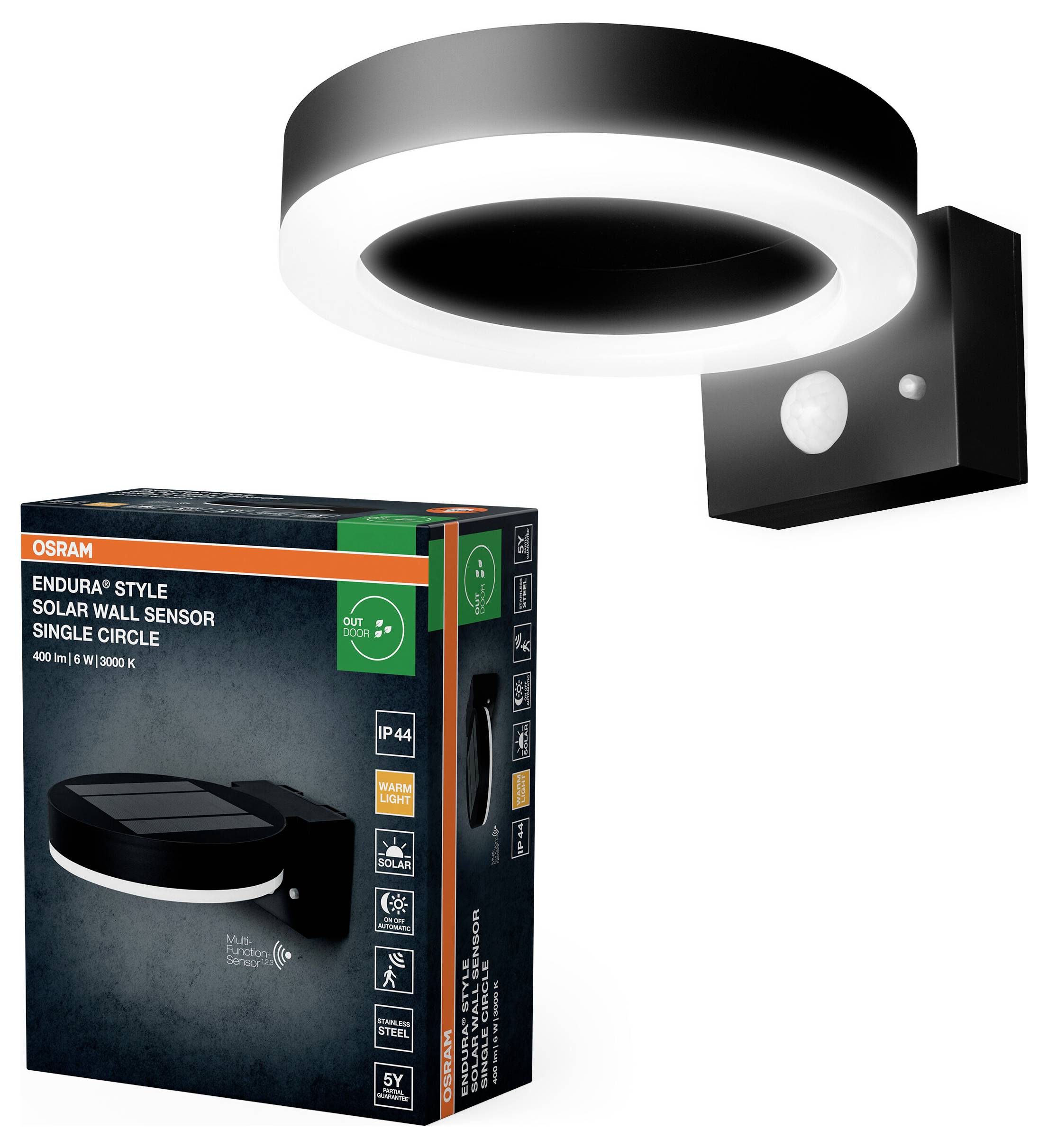 OSRAM HOMELIGHTING ENDURA Style Solar Wall Sensor Single Circle 6W Black 4099854455568 LED-Außenwandleuchte
