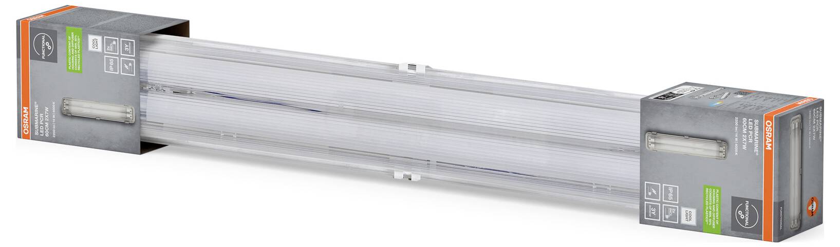 Eine lange röhrenförmige LED-Leuchte, dargestellt in Produktverpackung, mit silbernen und grauen Kartons an beiden Enden.
