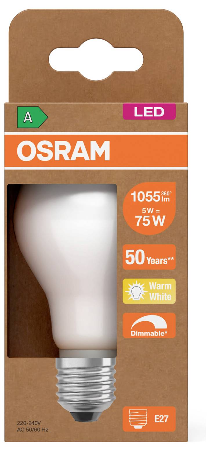 OSRAM LED-Glühbirne Verpackung mit warmweißer, dimmbarer 75W-äquivalenter Glühbirne, E27-Fassung, 1055 Lumen, 50 Jahre, A-Bewertung.