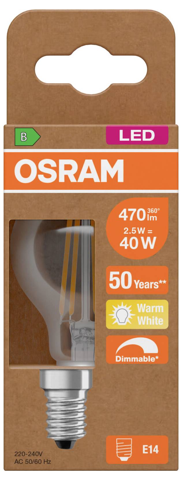 OSRAM LED-Glühbirnenpackung mit einer warmweißen, dimmbaren E14-Glühbirne, 2,5 W entsprechend 40 W, 470 lm, 50 Jahre, Energieklasse B.