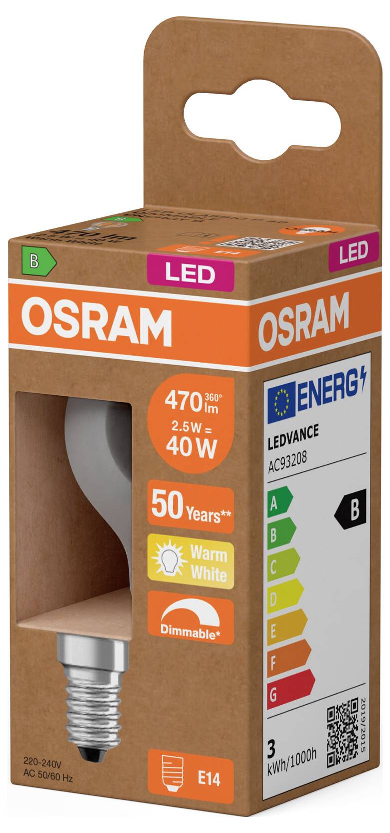 OSRAM LED-Lampenverpackungskasten für eine E14-Glühbirne, mit der Bezeichnung 40W-Äquivalent, warmweiß, dimmbar, Energieklasse B, 3 kWh/1000h.