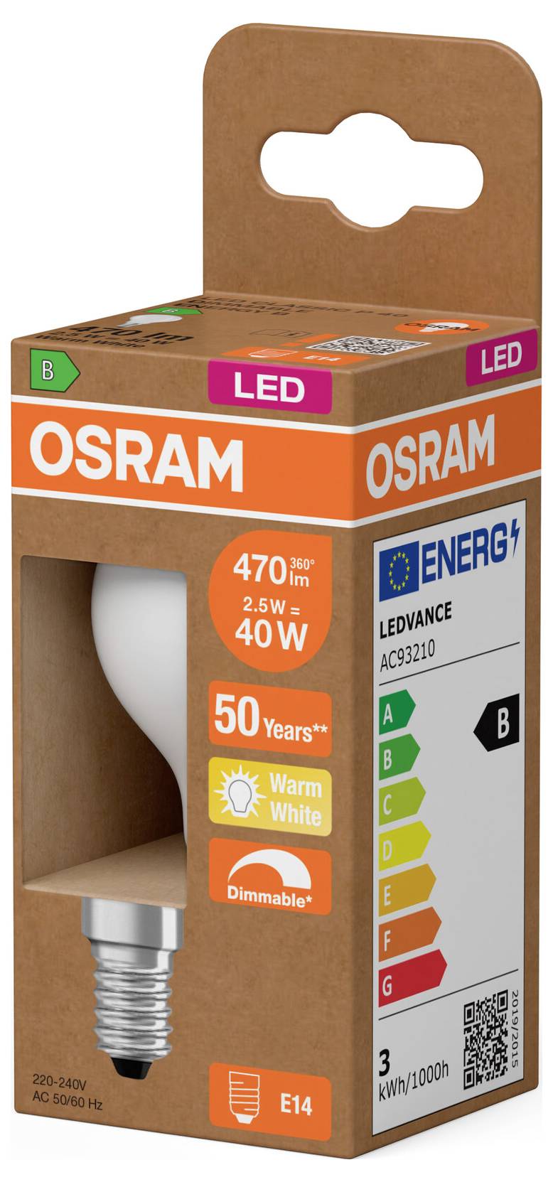 OSRAM LED-Lampe für E14-Fassung, 2,5W 40W Äquivalent, warmweiß, dimmbar, Energieeffizienzklasse B.