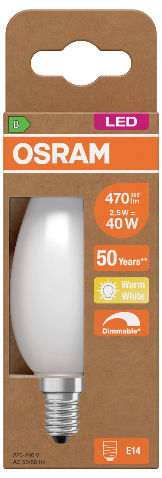 OSRAM LED-Glühbirne in der Verpackung mit der Bezeichnung 40-W-Äquivalent, 2,5 W, 470 Lumen, Warmweiß, dimmbar, E14-Sockel.