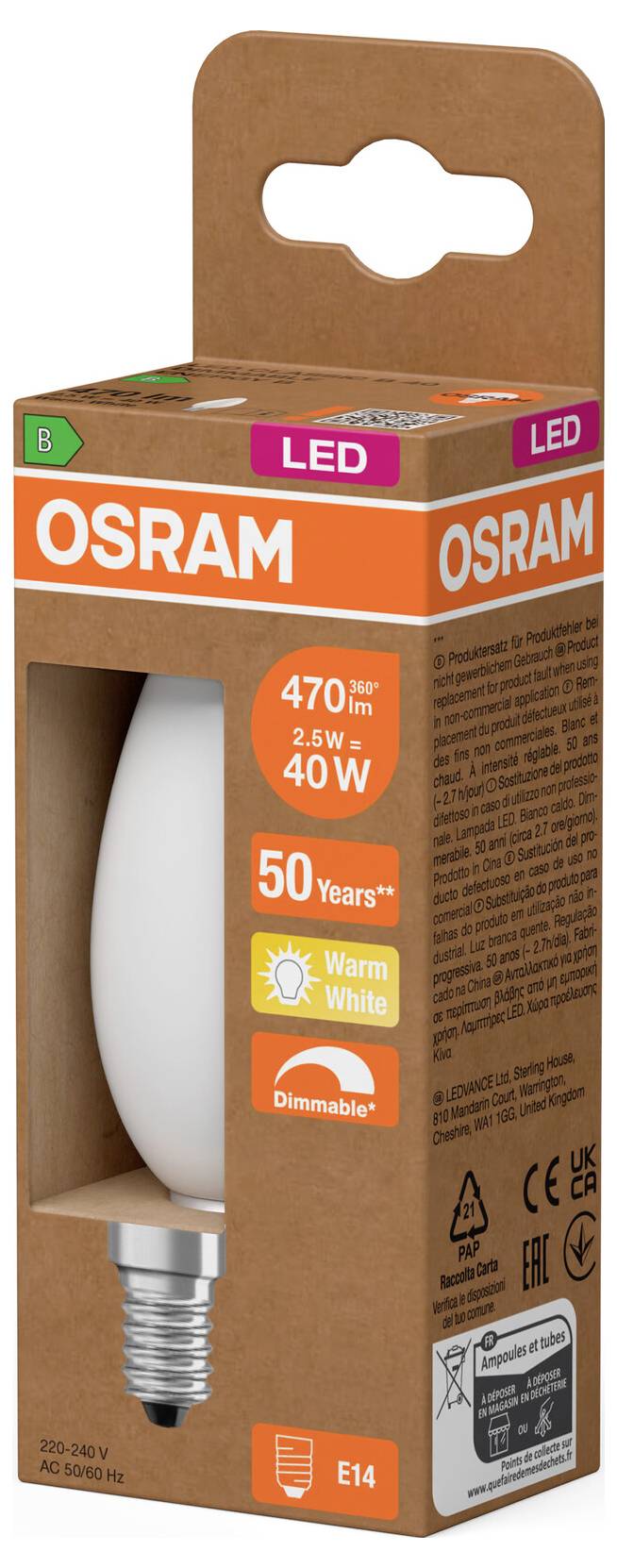 OSRAM LED-Glühbirnenverpackung, die eine 470-lm-, 40-W-äquivalente, warmweiße, dimmbare E14-Birne zeigt.