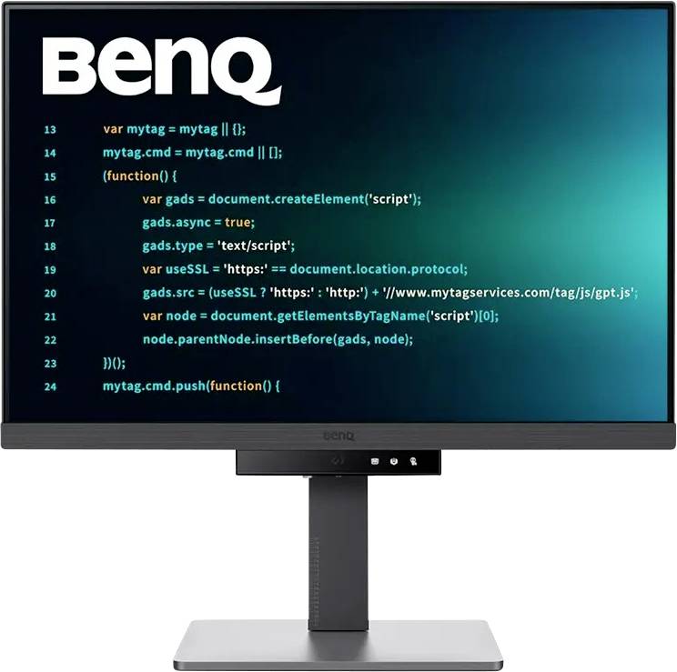 Ein Computermonitor, der JavaScript-Code auf einem dunklen Hintergrund zeigt, mit einem BenQ-Logo oben auf dem Bildschirm.