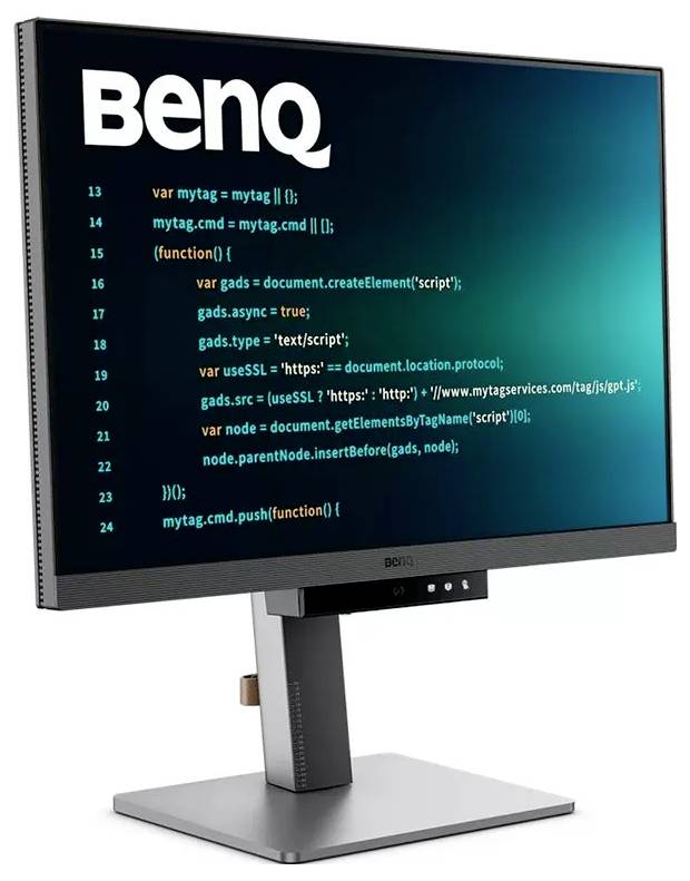 Ein BenQ-Computermonitor, auf dem ein Code-Ausschnitt zur Verwaltung von Werbe-Tags zu sehen ist, einschließlich JavaScript-Befehle und Skriptquellen.