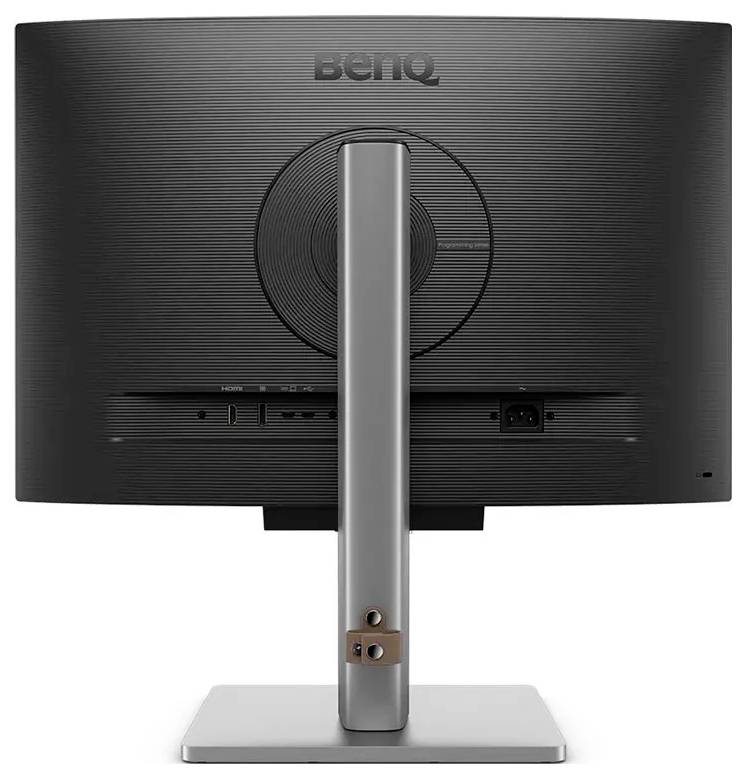 Ein Computermonitor, von hinten betrachtet, mit mehreren Eingangsbuchsen und einem eleganten, verstellbaren Ständer auf einer flachen Basis.