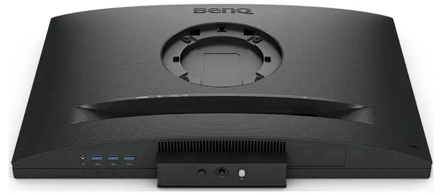 Ein schwarzer Monitor von hinten gesehen, mit einem BenQ-Logo, mehreren Anschlüssen und einer Lüftungsöffnung zur Kühlung.