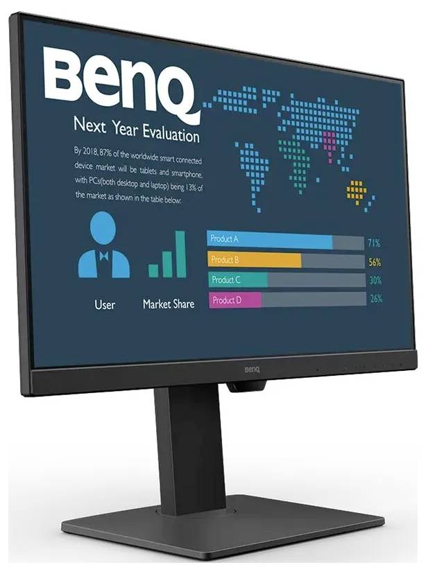 Ein Computermonitor zeigt eine Geschäftspräsentation mit einer Weltkarte, einem Balkendiagramm und Text über Marktanteile und Gerätetrends für das kommende Jahr.
