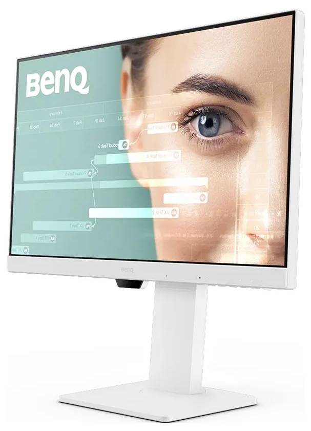 Ein weißer Desktop-Monitor, der ein Auge mit transparenten Diagramm-Overlays zeigt, mit dem Markennamen 'BenQ' in der linken oberen Ecke.