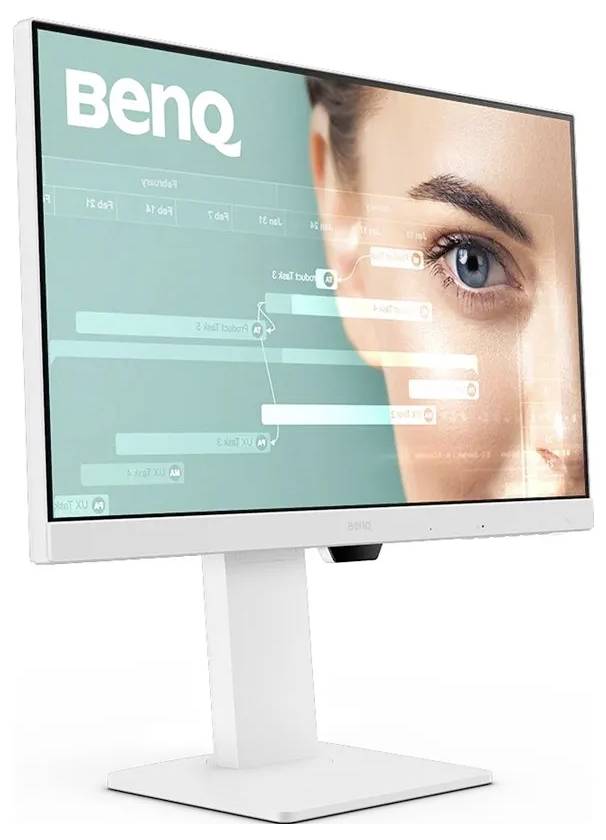 Eine Nahaufnahme eines BenQ-Computermonitors, der ein digitales Bild mit dem Gesicht einer Frau und verschiedenen Überlagerungselementen vor einem Türkishintergrund zeigt.