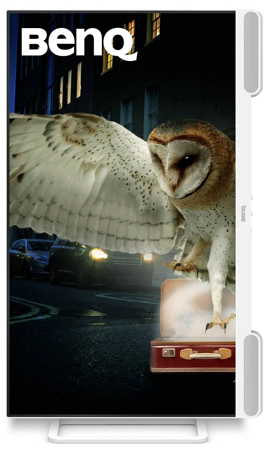 Eine Eule im Flug über einem roten Koffer auf einer dunklen Straße, mit einem 'BenQ'-Schild oben.