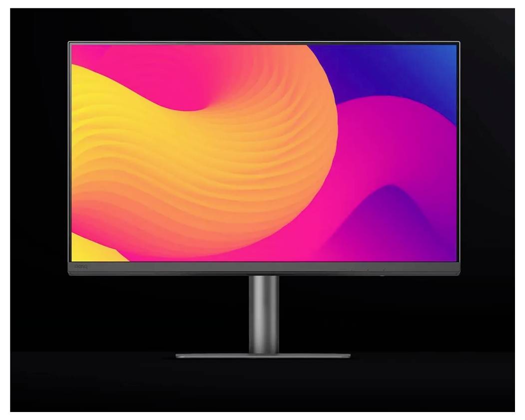 Ein schlanker Computermonitor mit einem lebendigen, farbenfrohen abstrakten Hintergrund in Nuancen von Rosa, Gelb und Blau vor einem schwarzen Hintergrund.