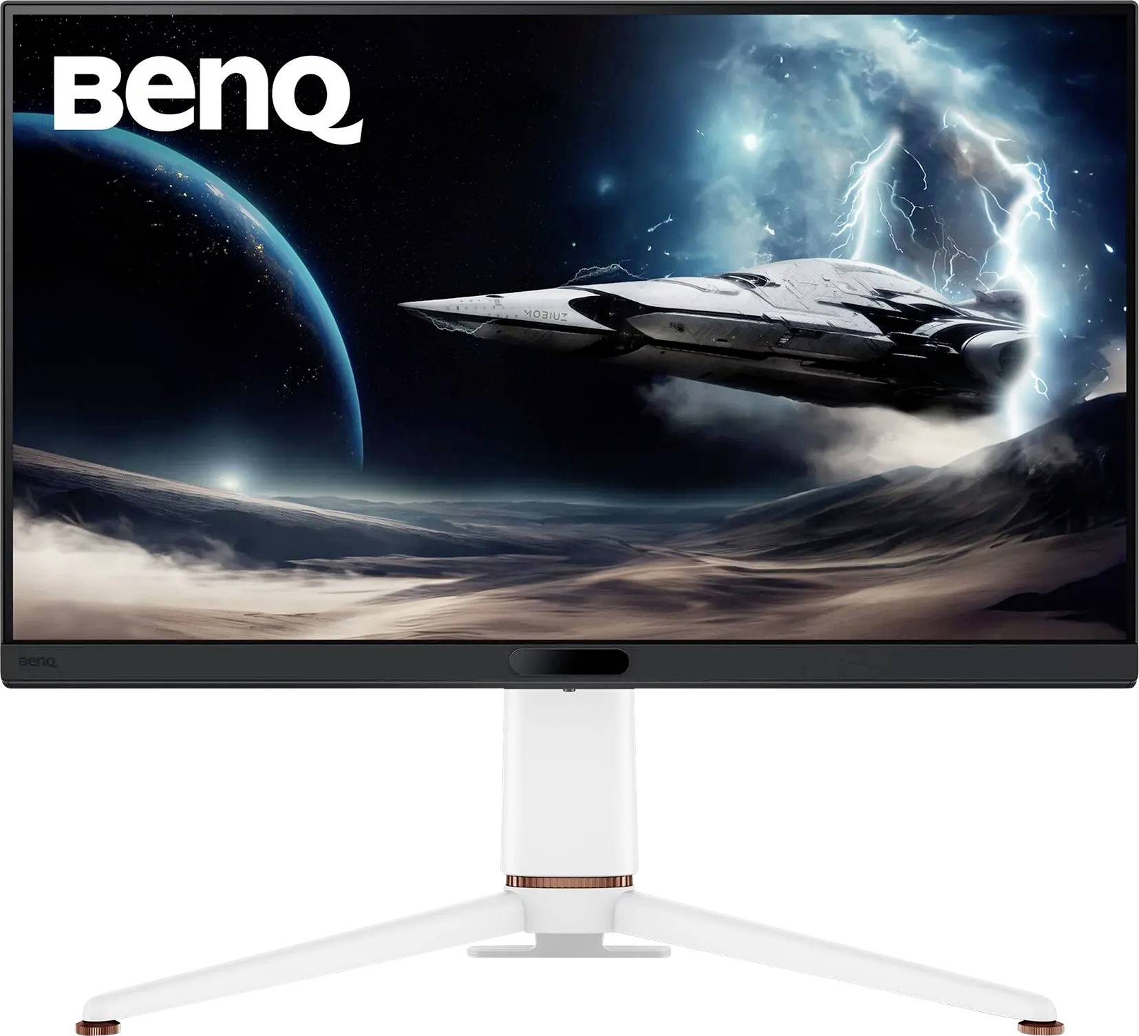 Ein BenQ-Monitor zeigt eine Science-Fiction-Szene mit einem Raumschiff, das über die Oberfläche eines Planeten fliegt, mit Blitzen und einem fernen blauen Planeten im Hintergrund.