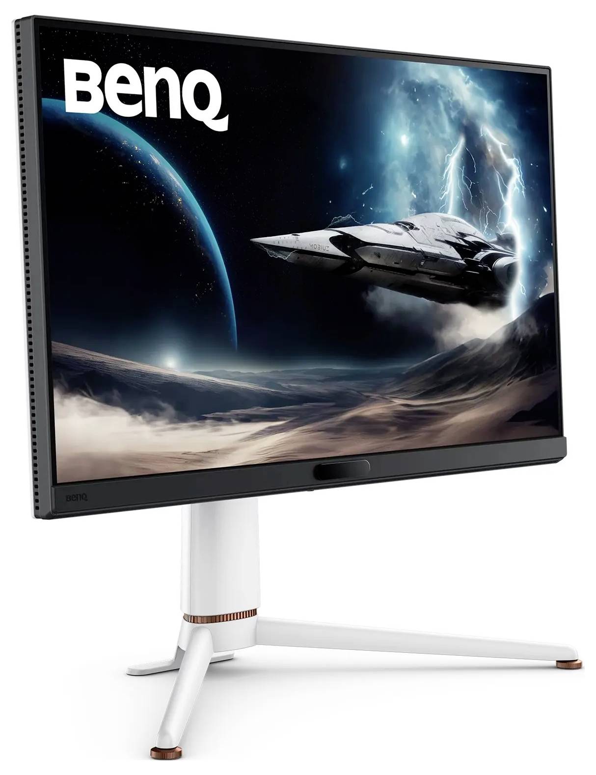 BenQ-Monitor auf einem Ständer, der eine futuristische Raumszene mit einem Raumschiff und Planeten zeigt.