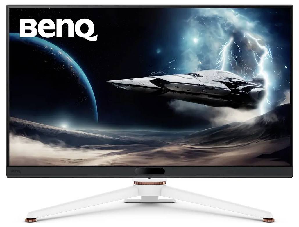 BenQ Gaming-Monitor, der eine Weltraumszene mit einem Raumschiff und Blitzen zeigt und dabei seine lebendigen Farben und immersiven Anzeigemöglichkeiten hervorhebt.