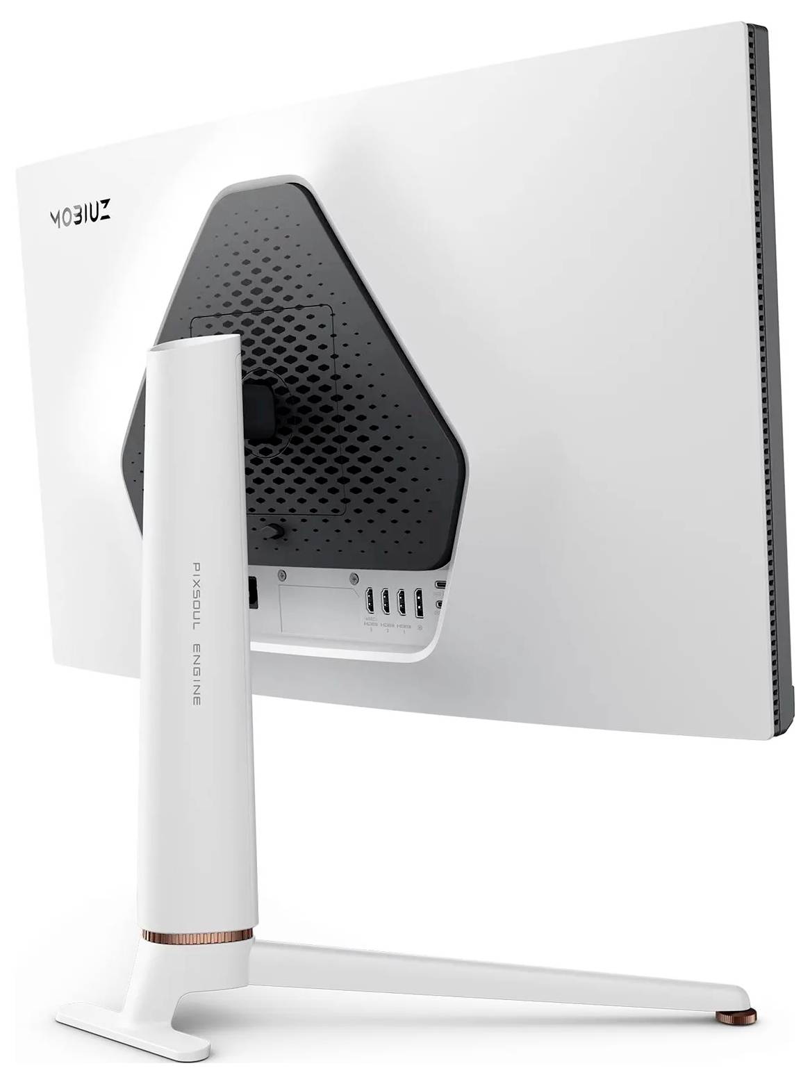 Ein weißer Monitor, von hinten betrachtet, mit Anschlüssen und neigbarem Ständer, auf dem in der oberen linken Ecke die Marke 'Mobiuz' angebracht ist.