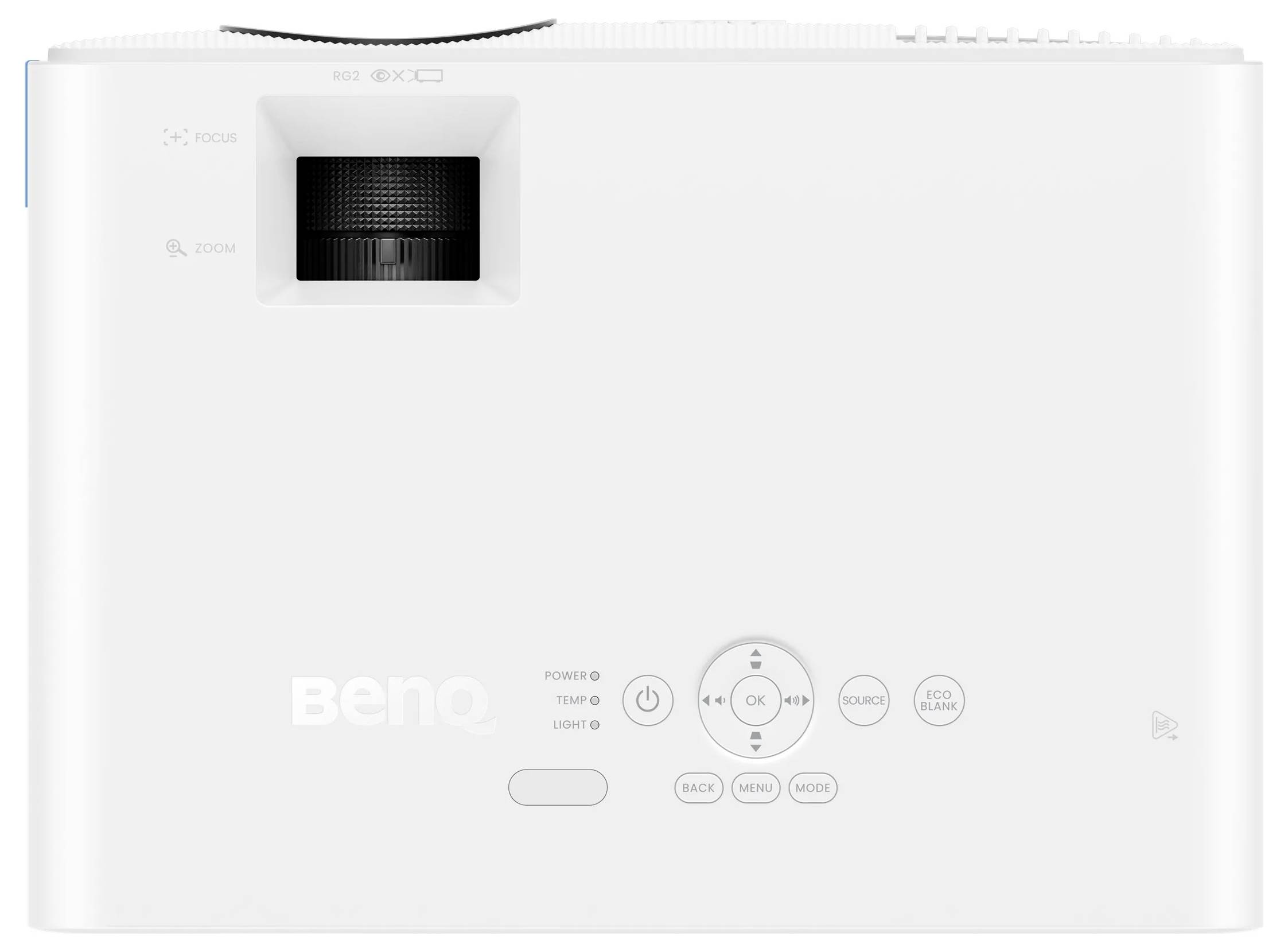 Ein weißer BenQ-Projektor mit Objektiveinstellungsrädern, Bedienungstasten und Markennamen auf der Oberseite, entwickelt für Heim- oder Büronutzung.