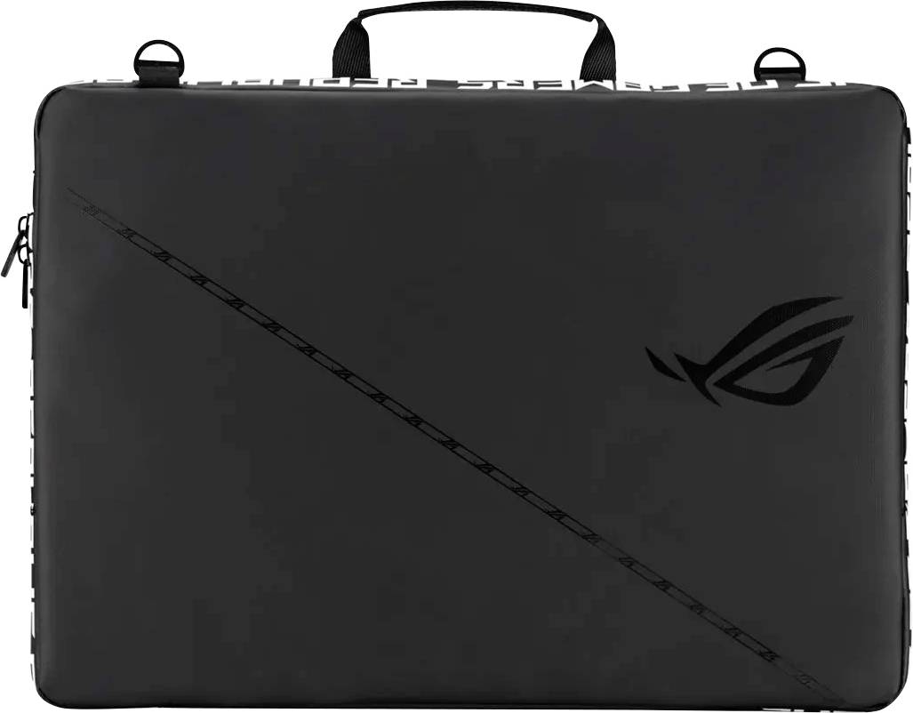 Schwarze Garantietasche mit dem Asus ROG-Emblem auf der Vorderseite, versehen mit einem eleganten diagonalen Liniendesign und einem Griff oben zum Tragen.