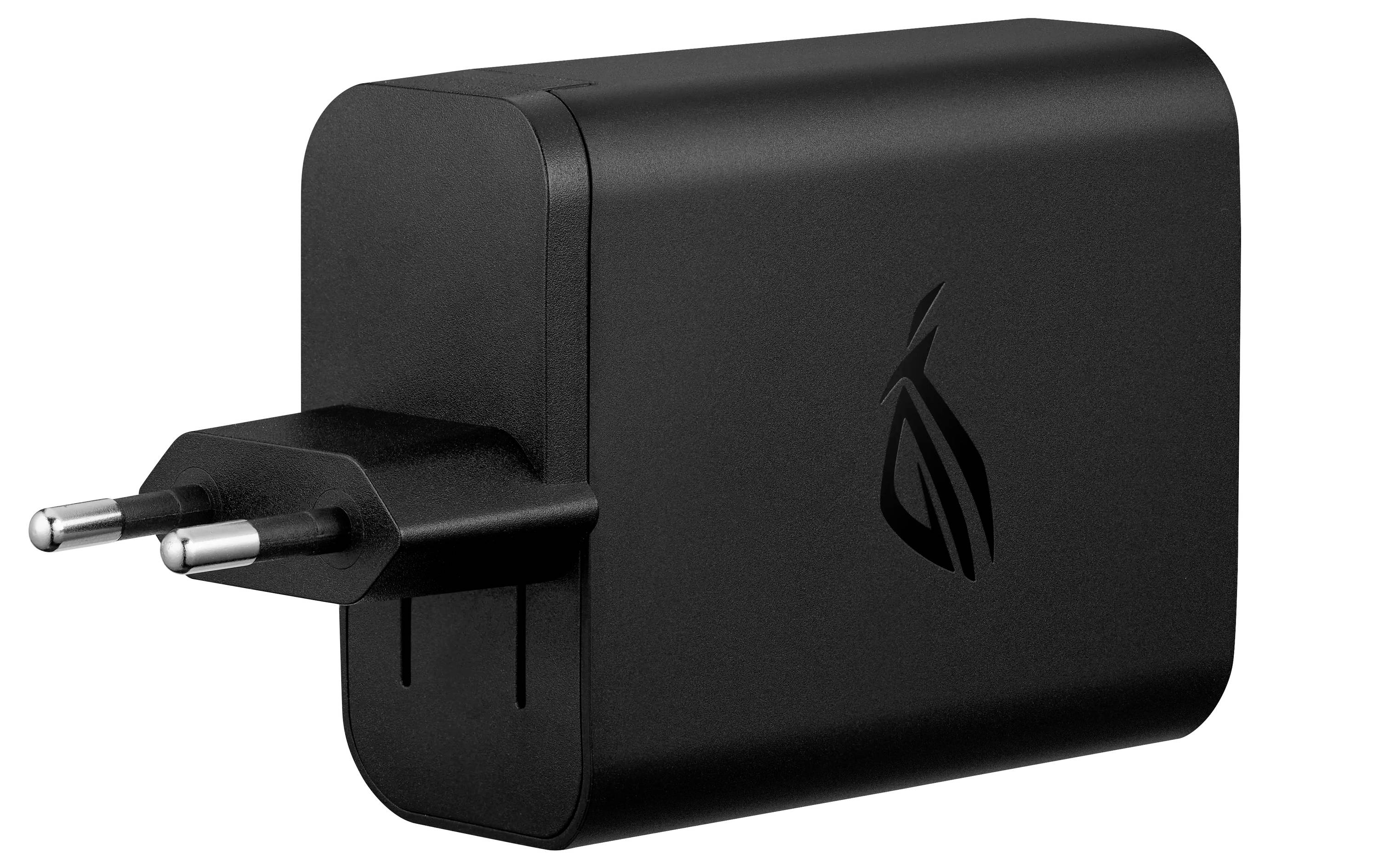 Schwarzer Wandladegerät mit zwei europäischen Steckdornanschlüssen und Logo an der Seite, verwendet zum Aufladen von Geräten.