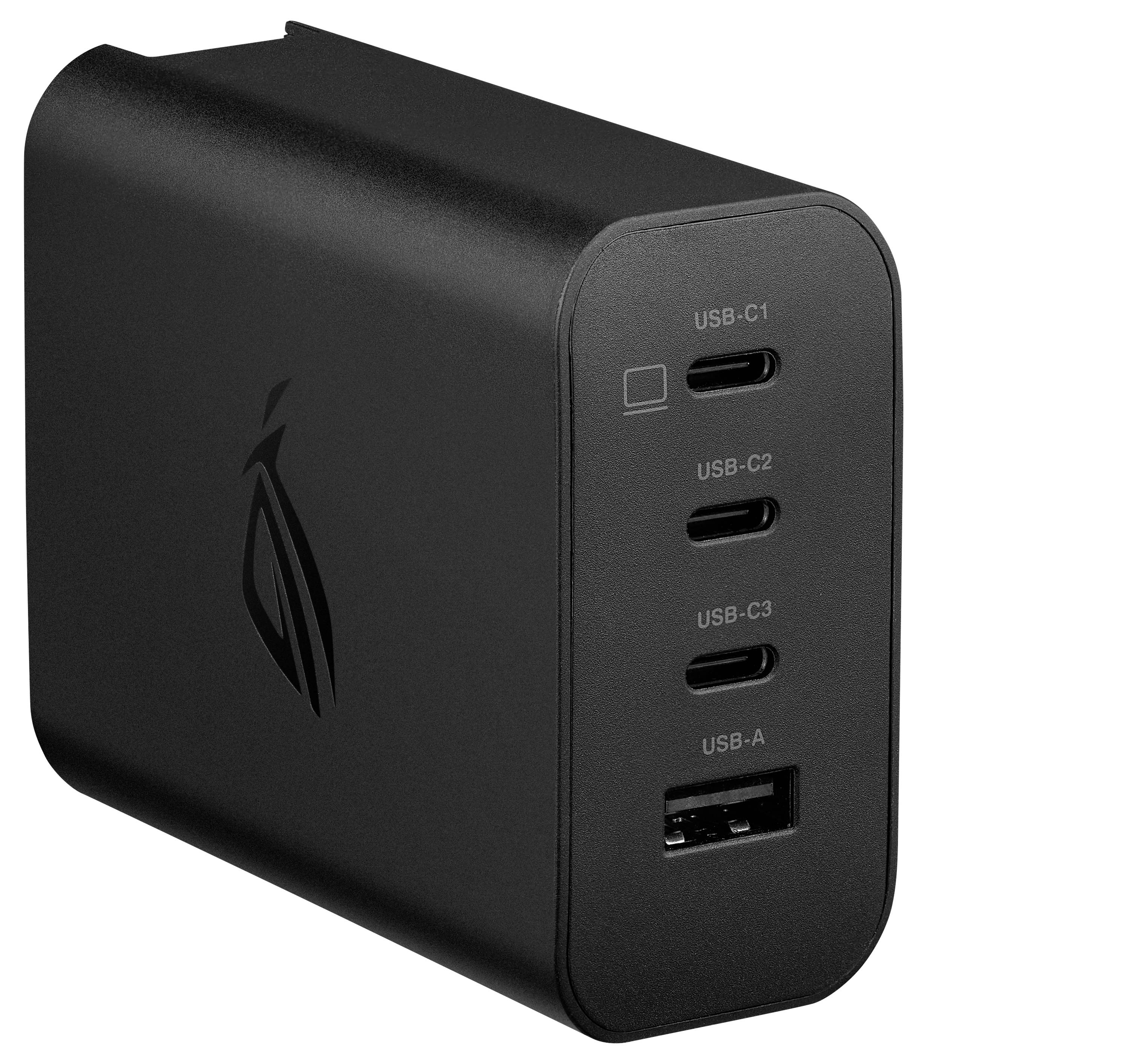 Ein schwarzer Multiport-Ladegerät mit drei USB-C- und einem USB-A-Anschluss an der Seite.